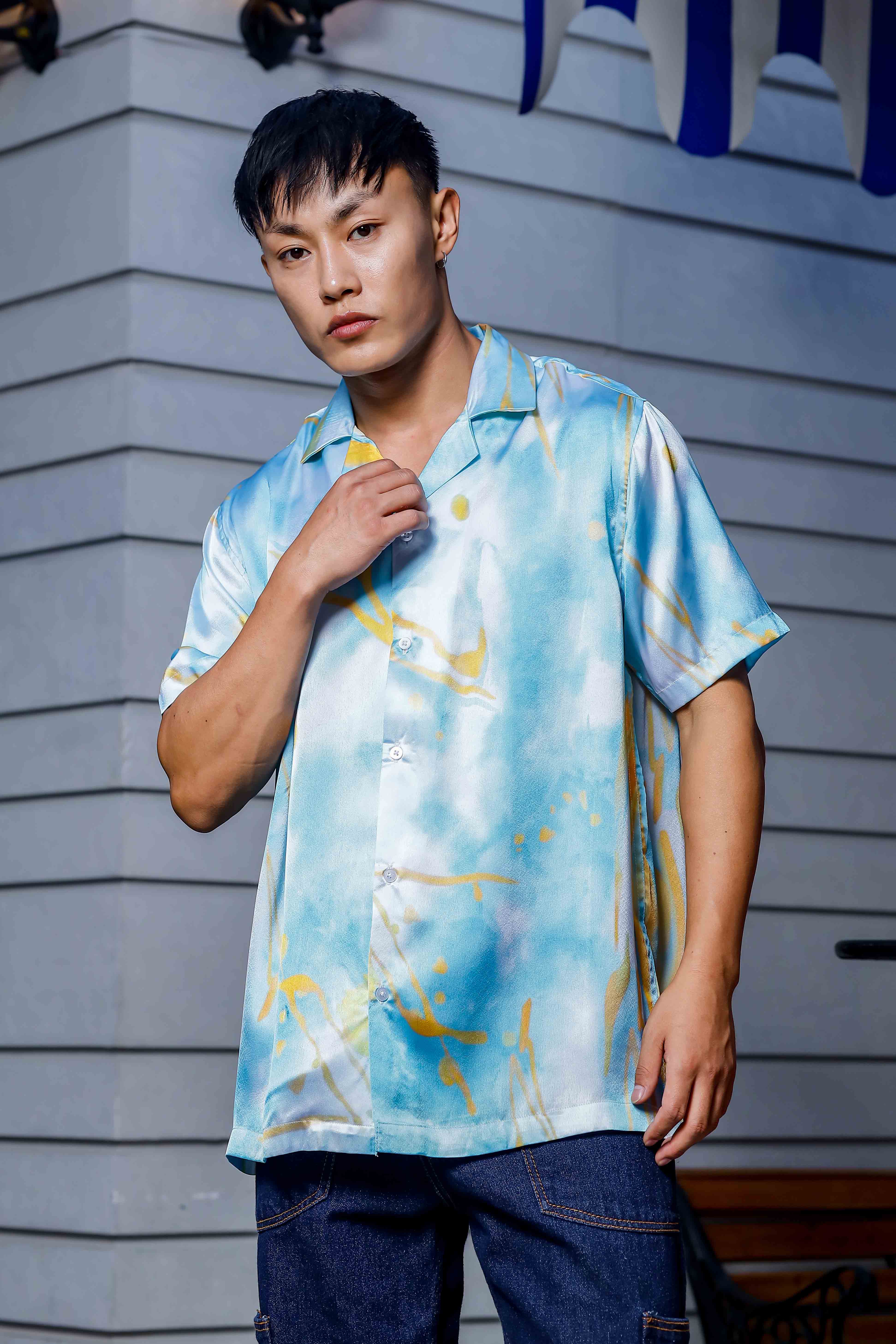Blue Tie & Dye Satin Print Cuban Collar Oversized Resort Shirt
