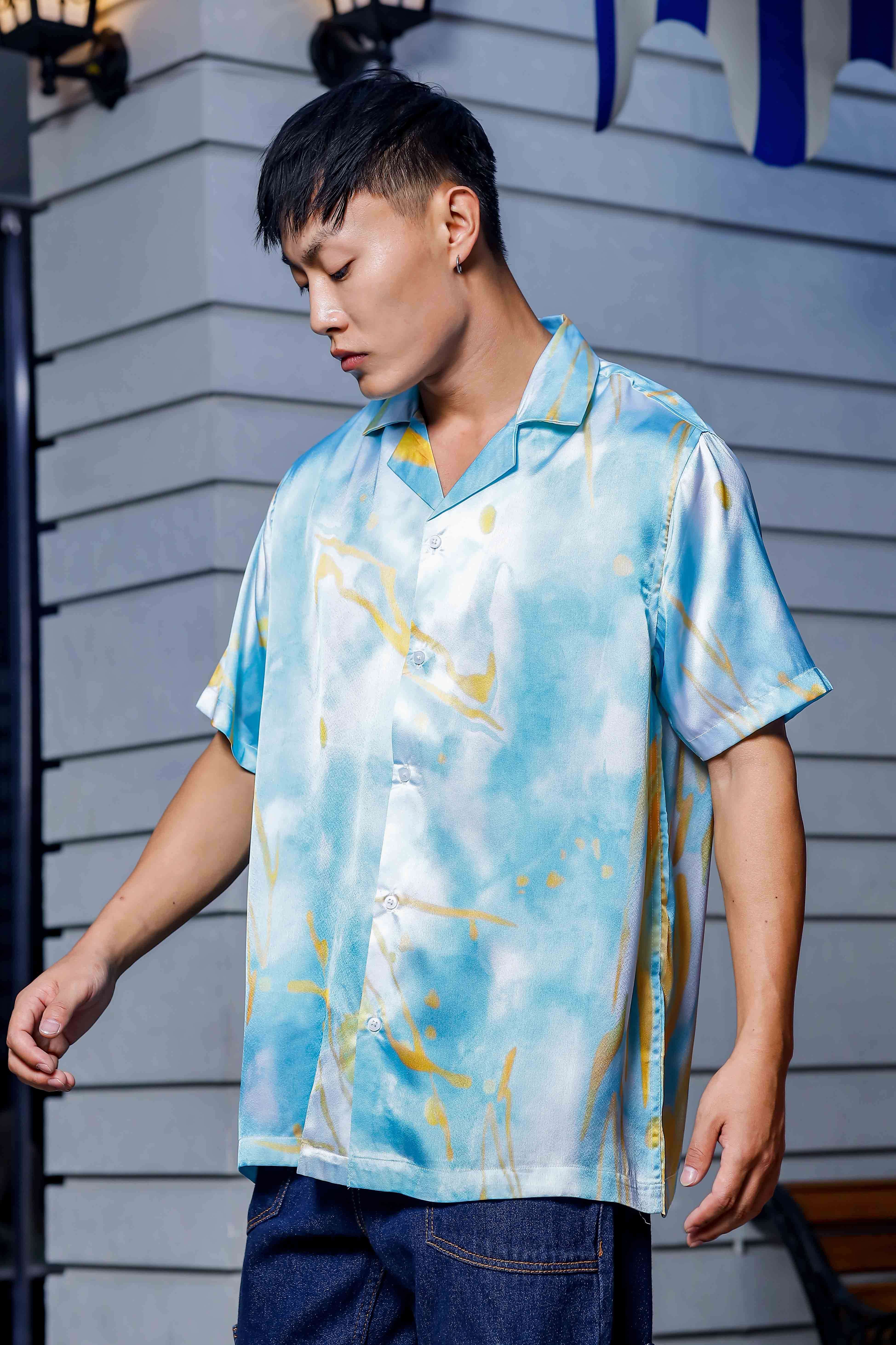 Blue Tie & Dye Satin Print Cuban Collar Oversized Resort Shirt