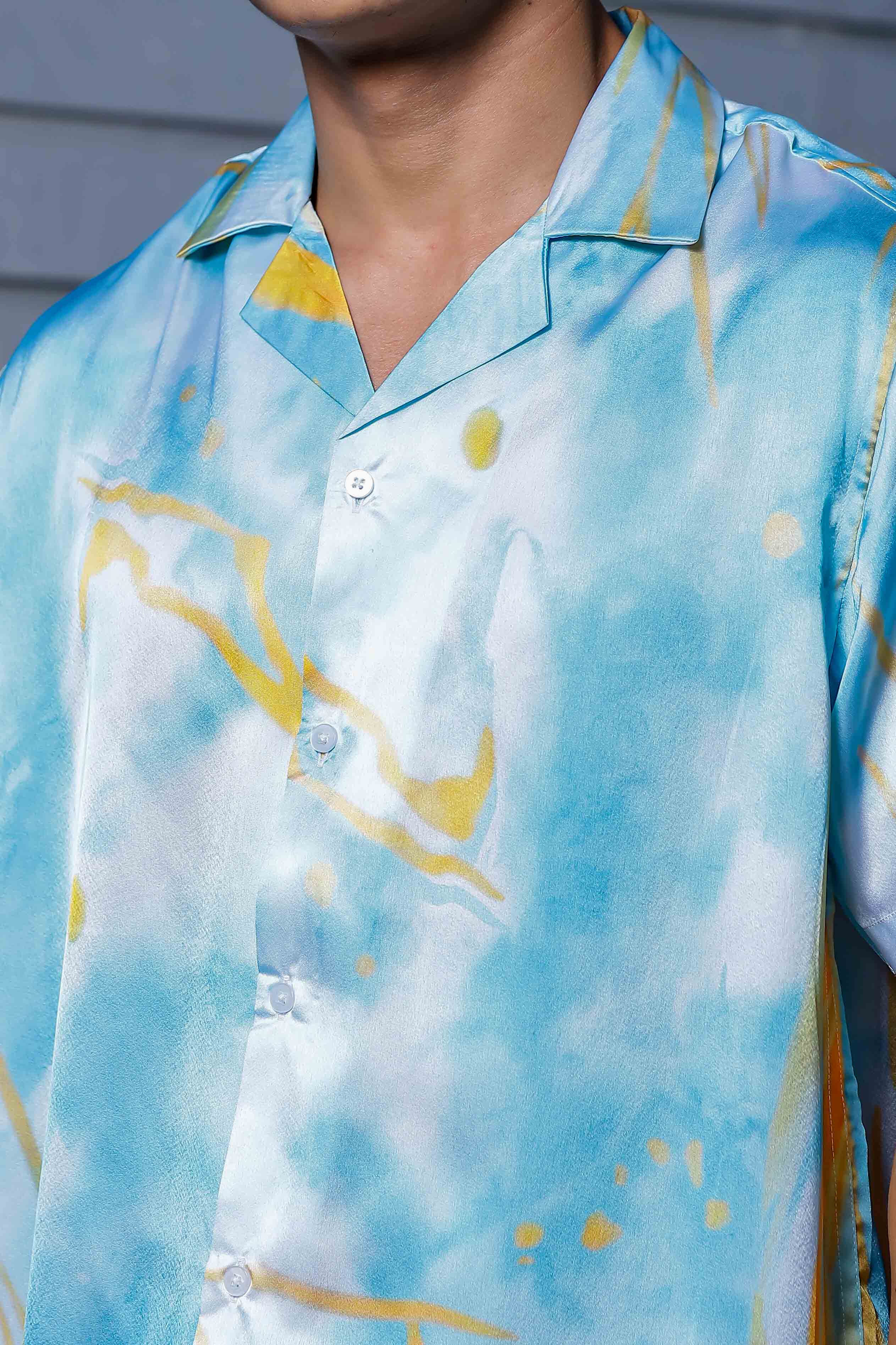 Blue Tie & Dye Satin Print Cuban Collar Oversized Resort Shirt