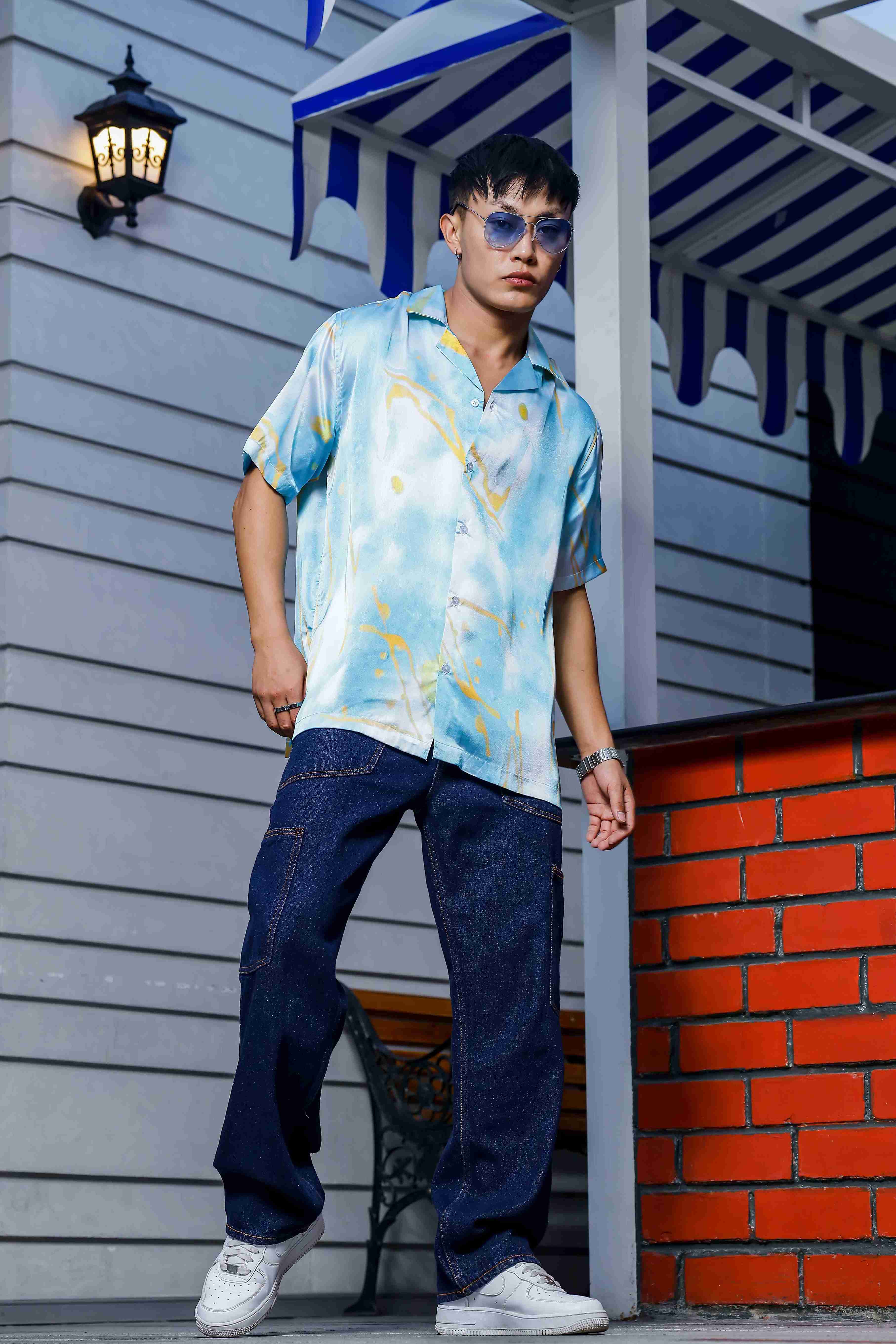 Blue Tie & Dye Satin Print Cuban Collar Oversized Resort Shirt