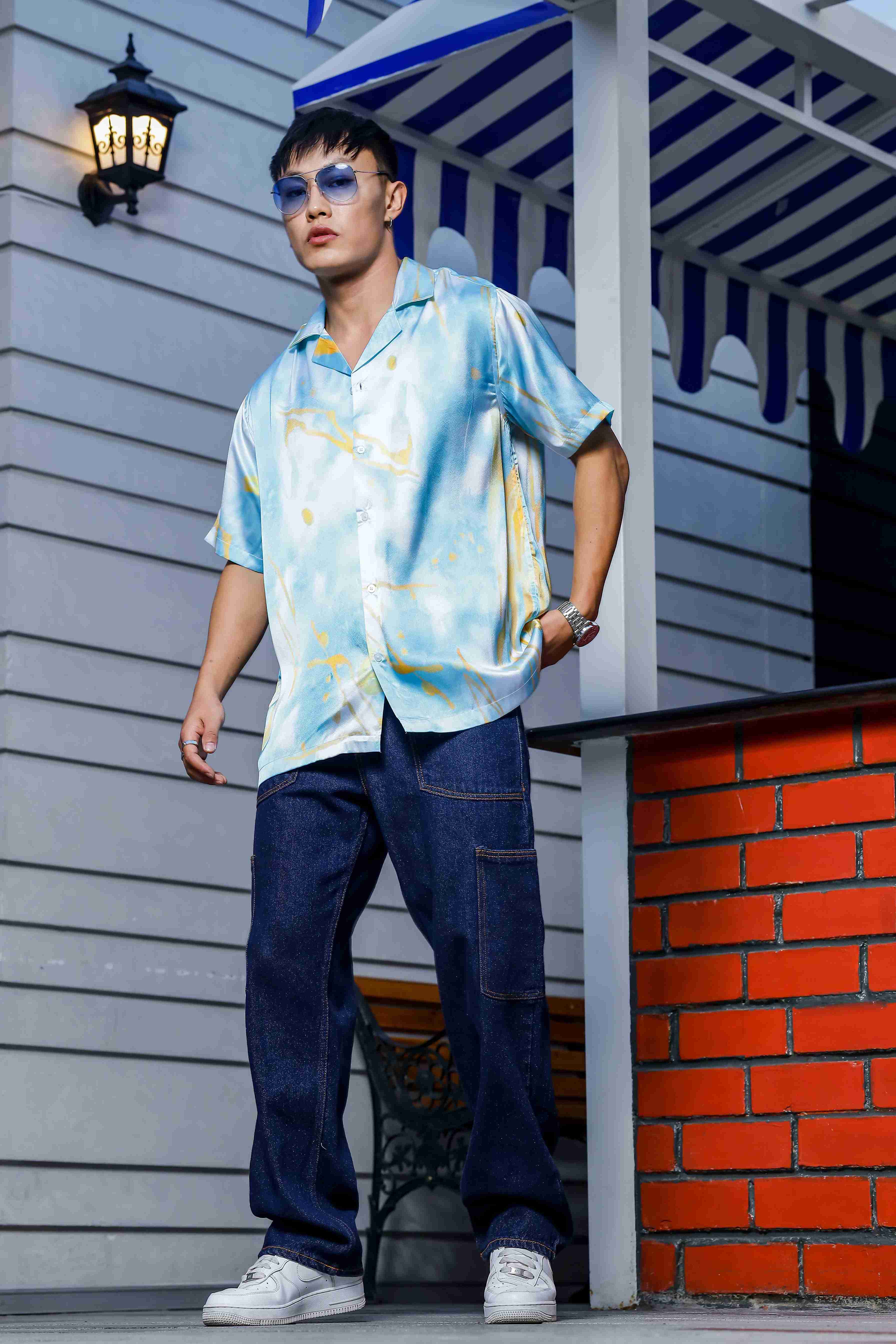 Blue Tie & Dye Satin Print Cuban Collar Oversized Resort Shirt