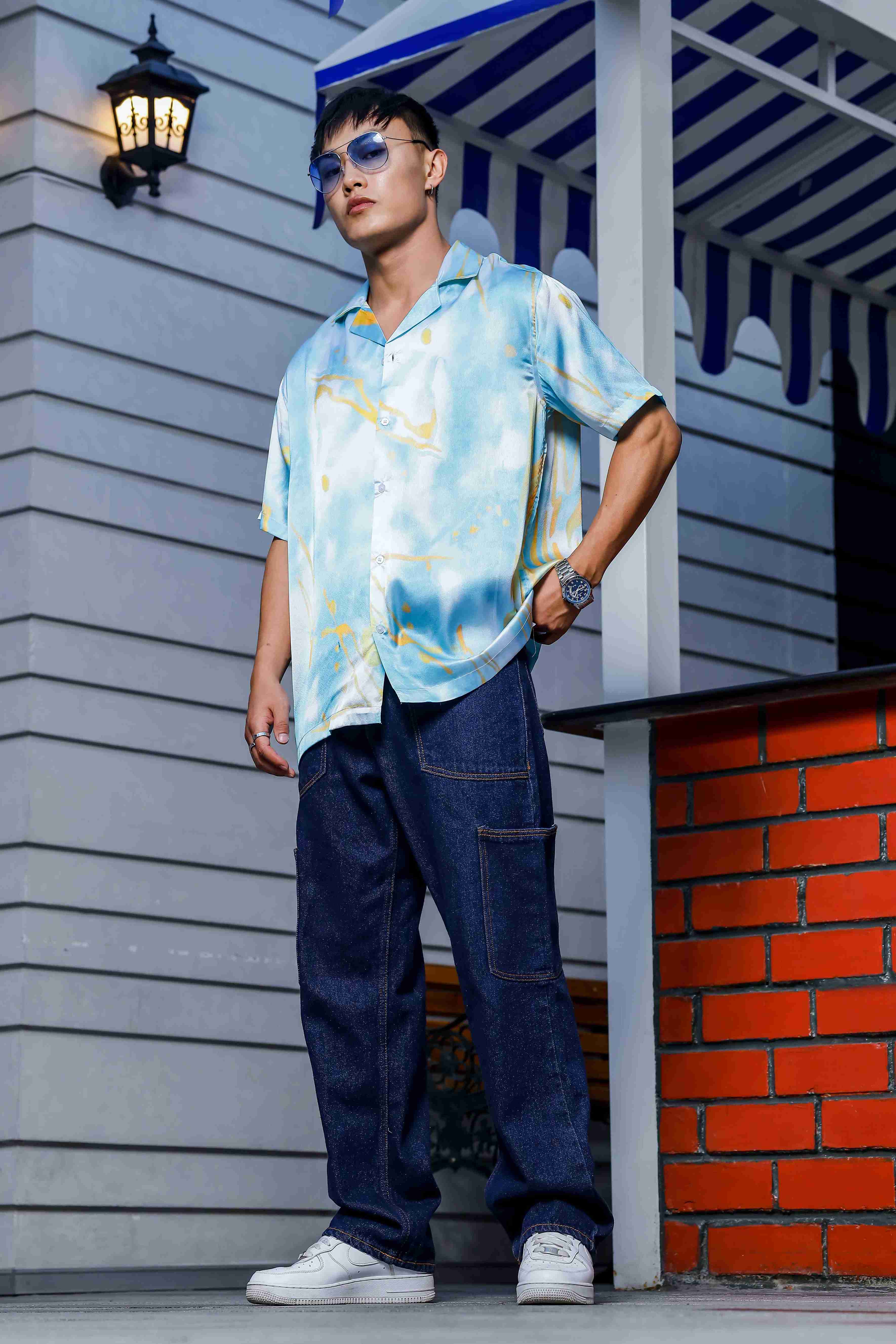 Blue Tie & Dye Satin Print Cuban Collar Oversized Resort Shirt