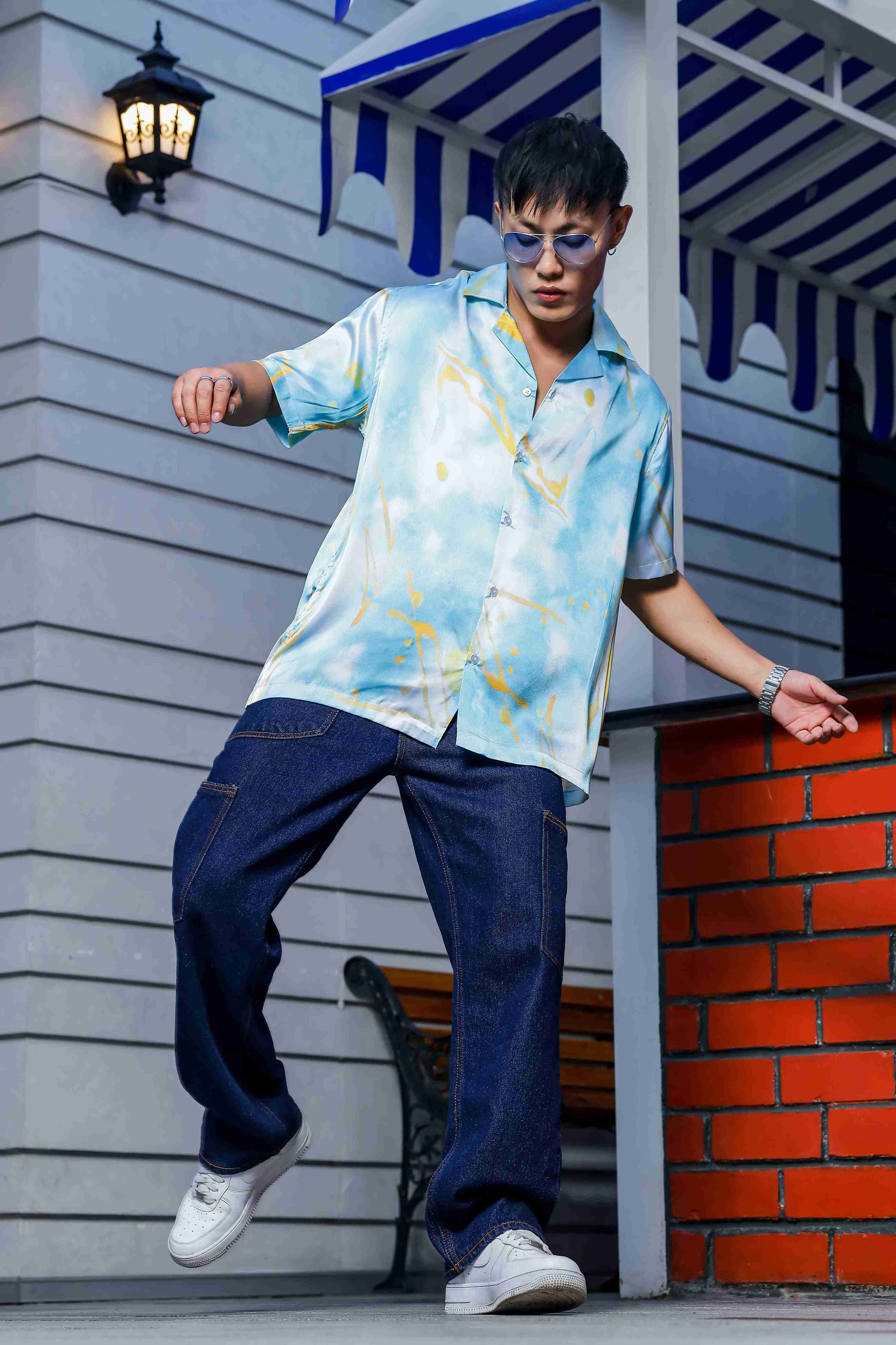 Blue Tie & Dye Satin Print Cuban Collar Oversized Resort Shirt