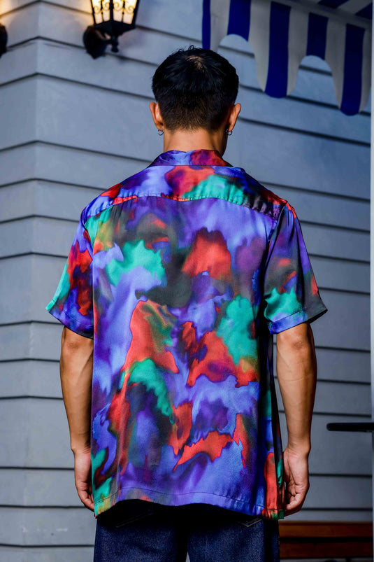 Abstract Satin Dream Print Cuban Collar Oversized Resort Shirt