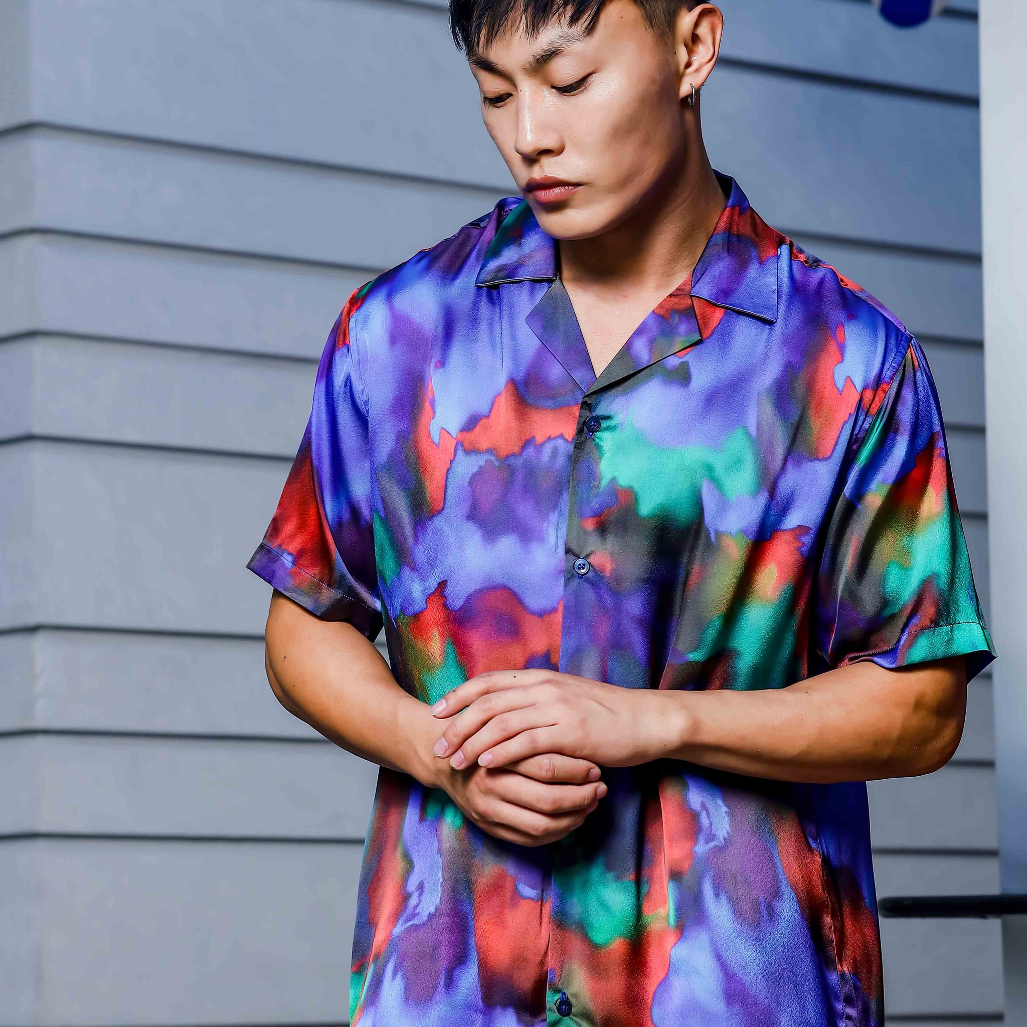 Blue Satin Abstract Print Cuban Collar Oversized Party Wear Shirt