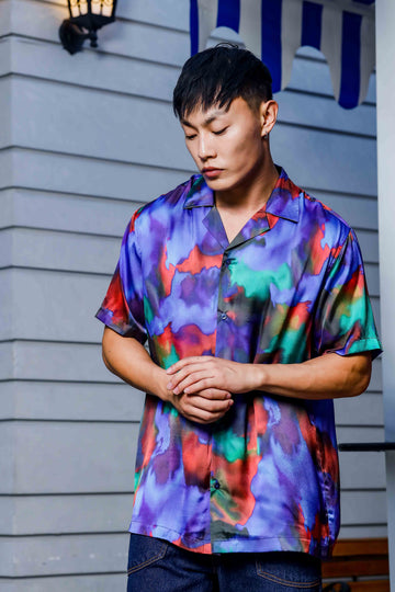 Blue Satin Abstract Print Cuban Collar Oversized Party Wear Shirt