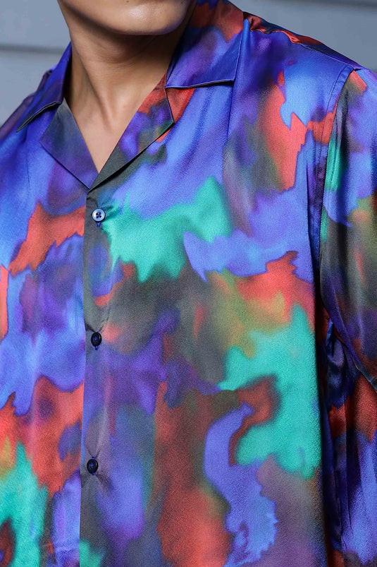 Abstract Satin Dream Print Cuban Collar Oversized Resort Shirt
