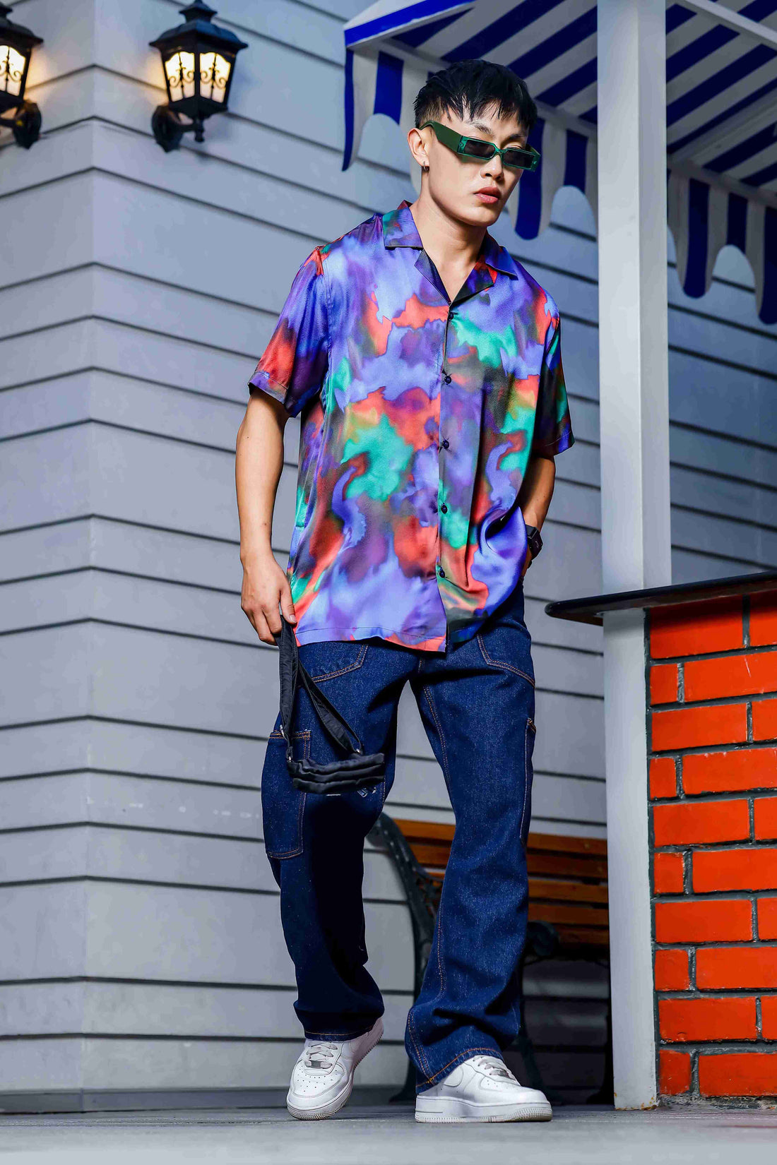 Blue Satin Abstract Print Cuban Collar Oversized Party Wear Shirt