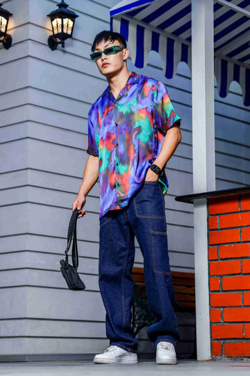 Blue Satin Abstract Print Cuban Collar Oversized Party Wear Shirt