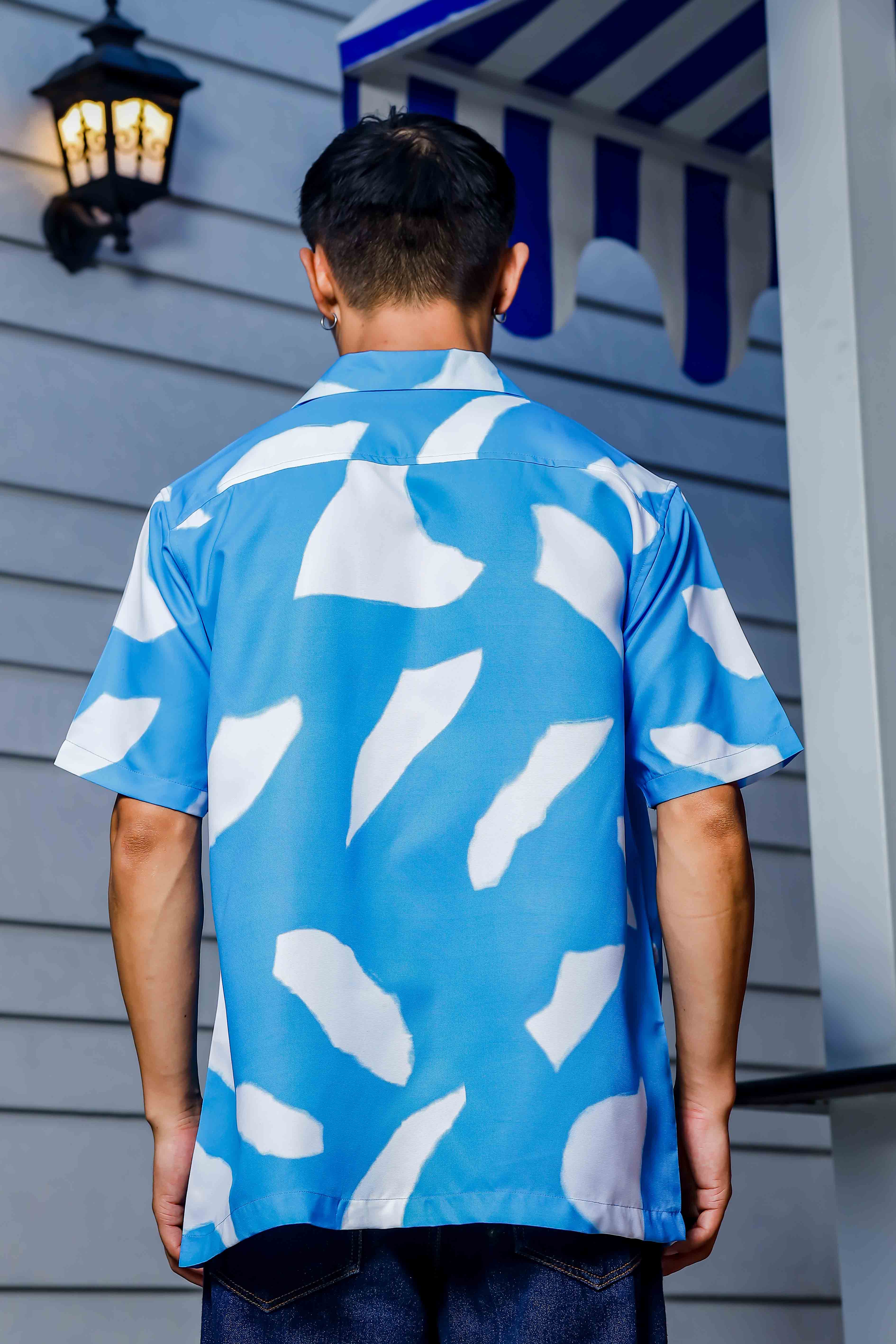 Blue Abstract Print Cuban Collar Oversized Resort Shirt