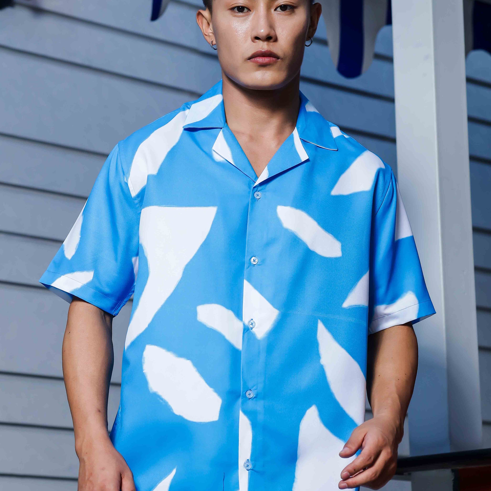 Blue Abstract Print Cuban Collar Oversized Resort Shirt