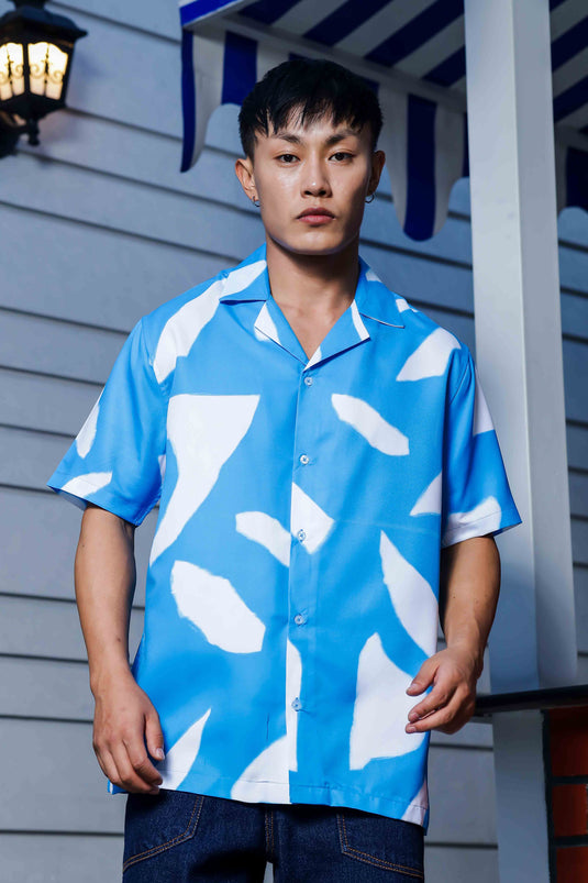 Blue Abstract Print Cuban Collar Oversized Resort Shirt