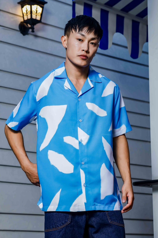 Blue Abstract Print Cuban Collar Oversized Resort Shirt