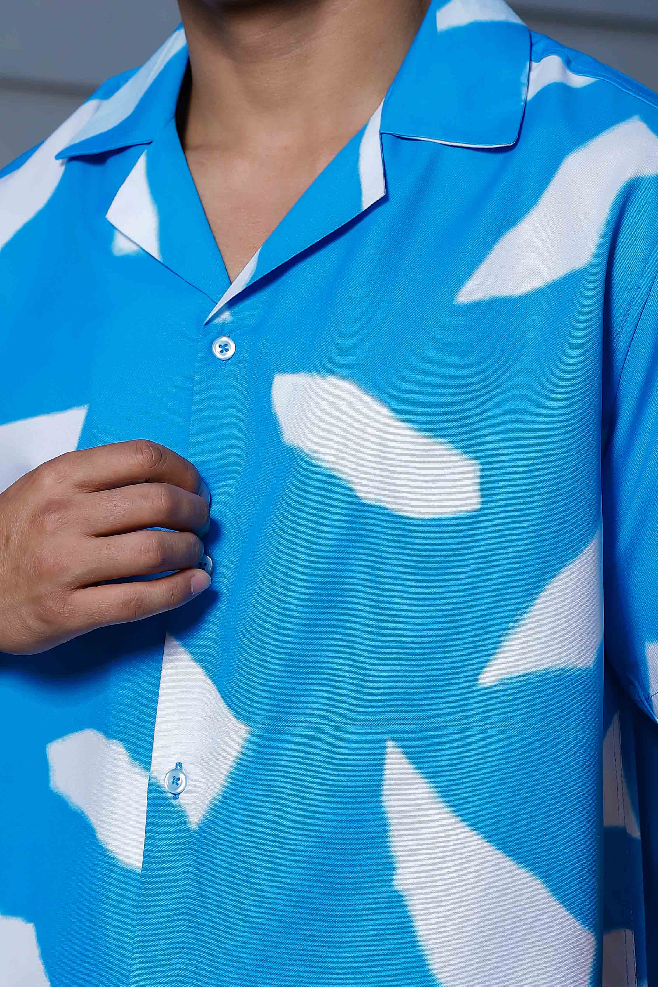 Blue Abstract Print Cuban Collar Oversized Resort Shirt