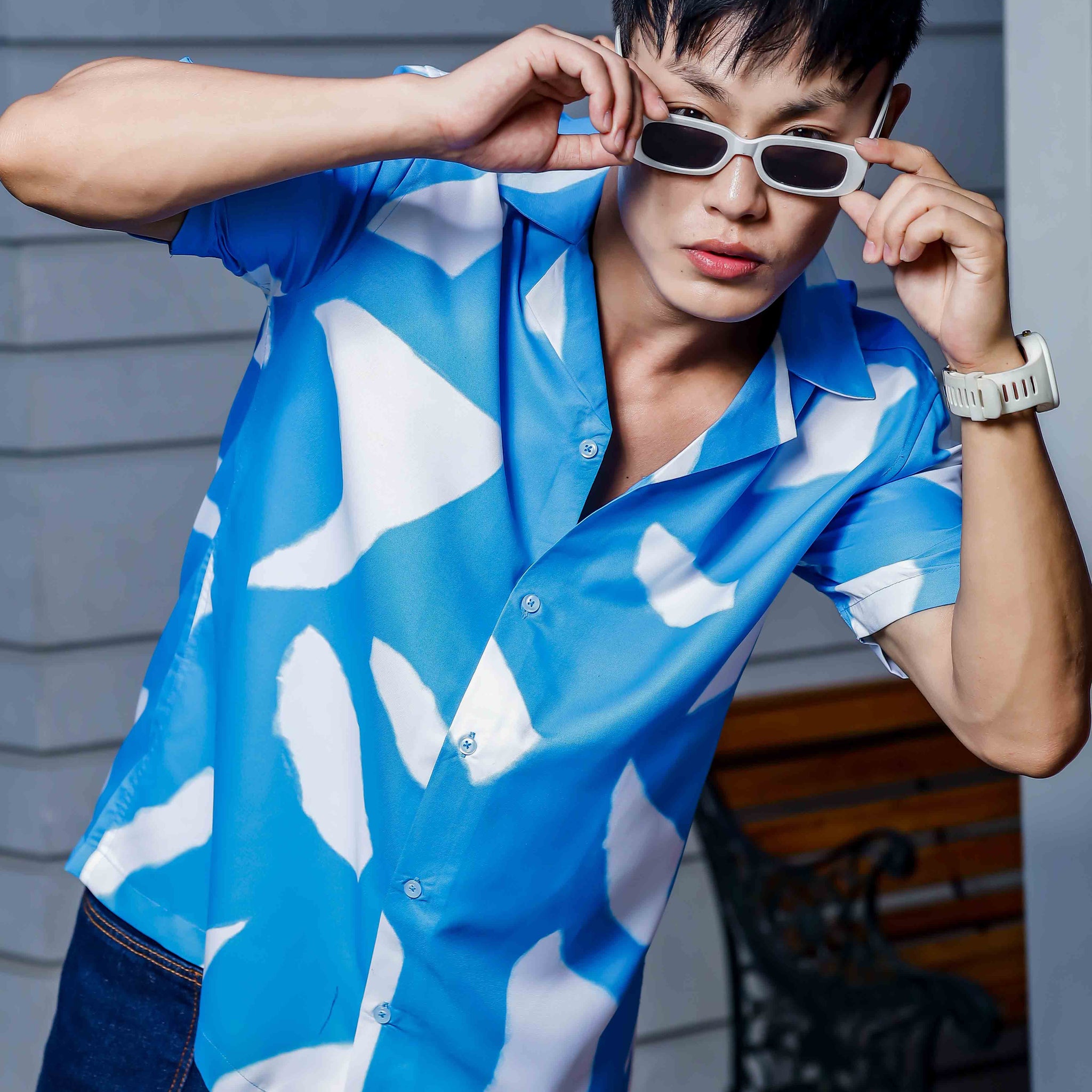Blue Abstract Print Cuban Collar Oversized Resort Shirt