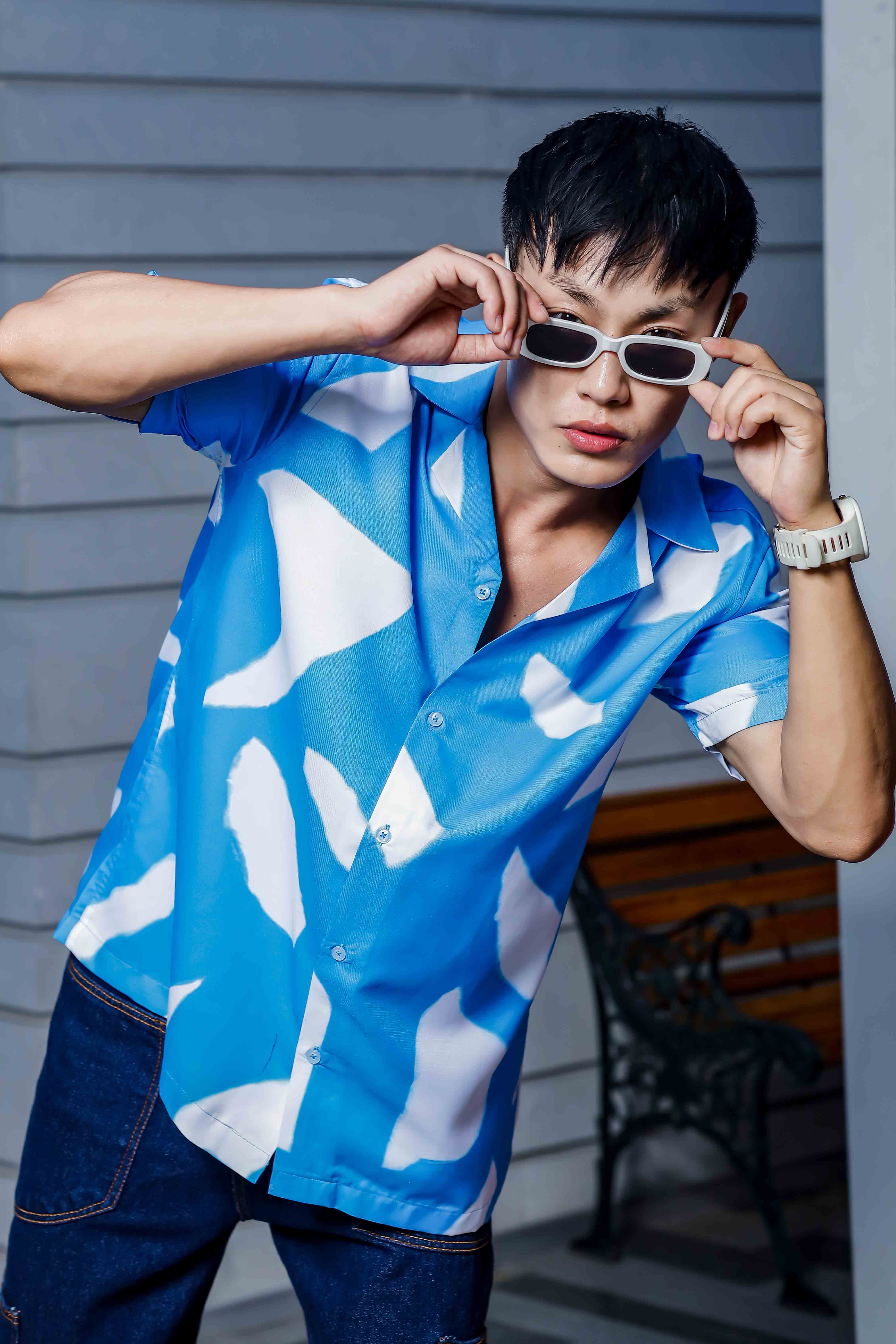 Blue Abstract Print Cuban Collar Oversized Resort Shirt