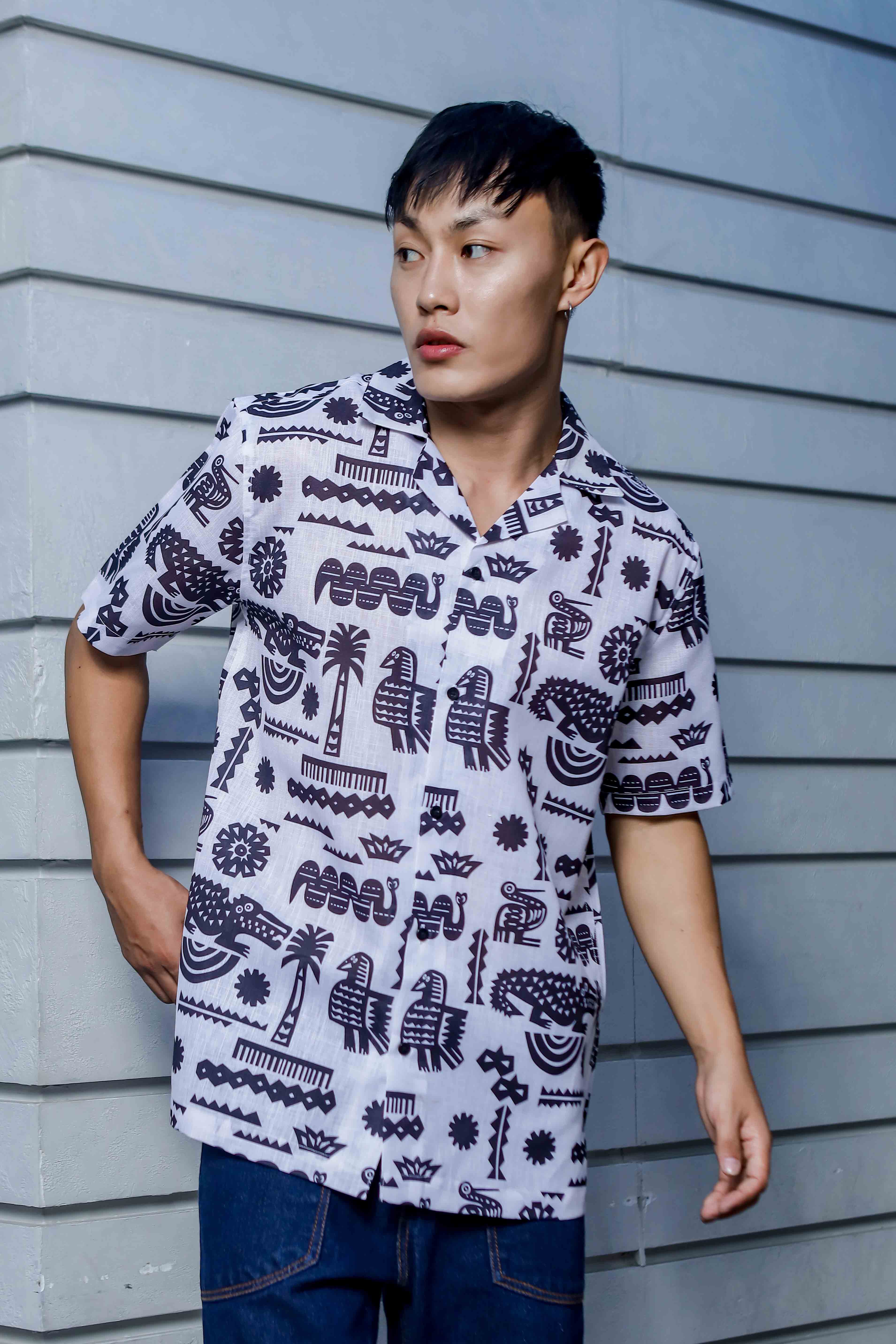 White Linen Blend Aztec Print Cuban Collar Oversized Resort Shirt