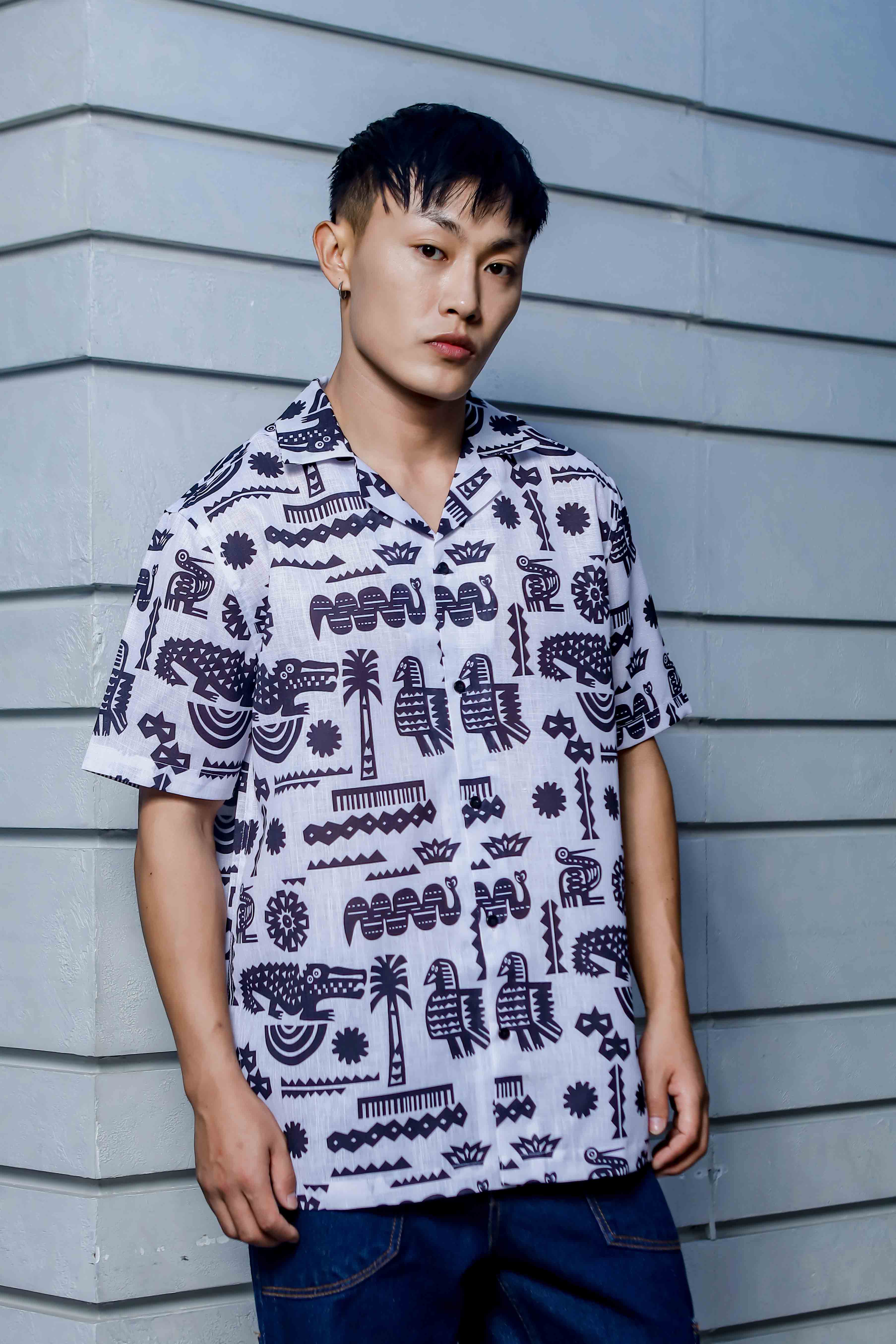 White Linen Blend Aztec Print Cuban Collar Oversized Resort Shirt