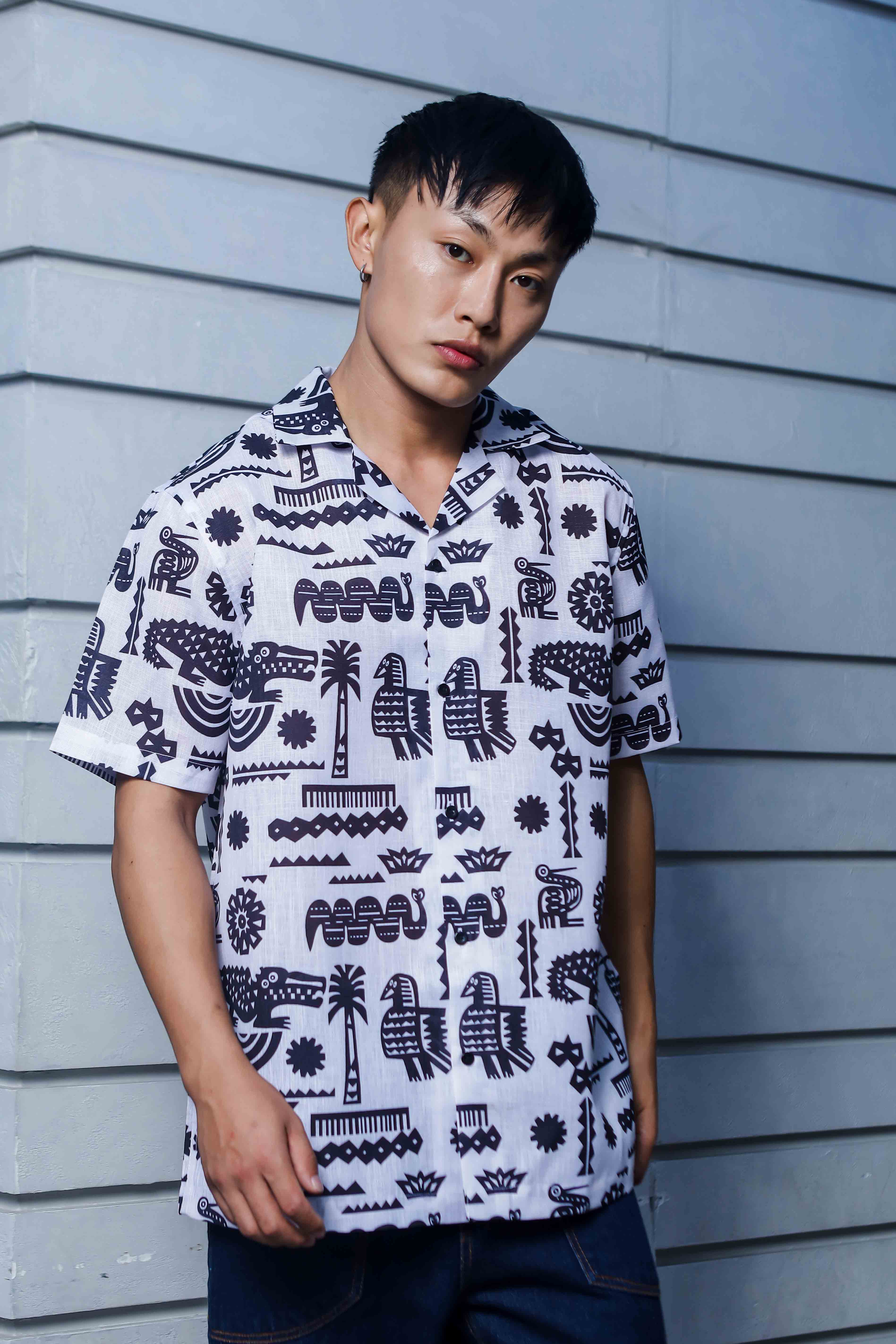 White Linen Blend Aztec Print Cuban Collar Oversized Resort Shirt