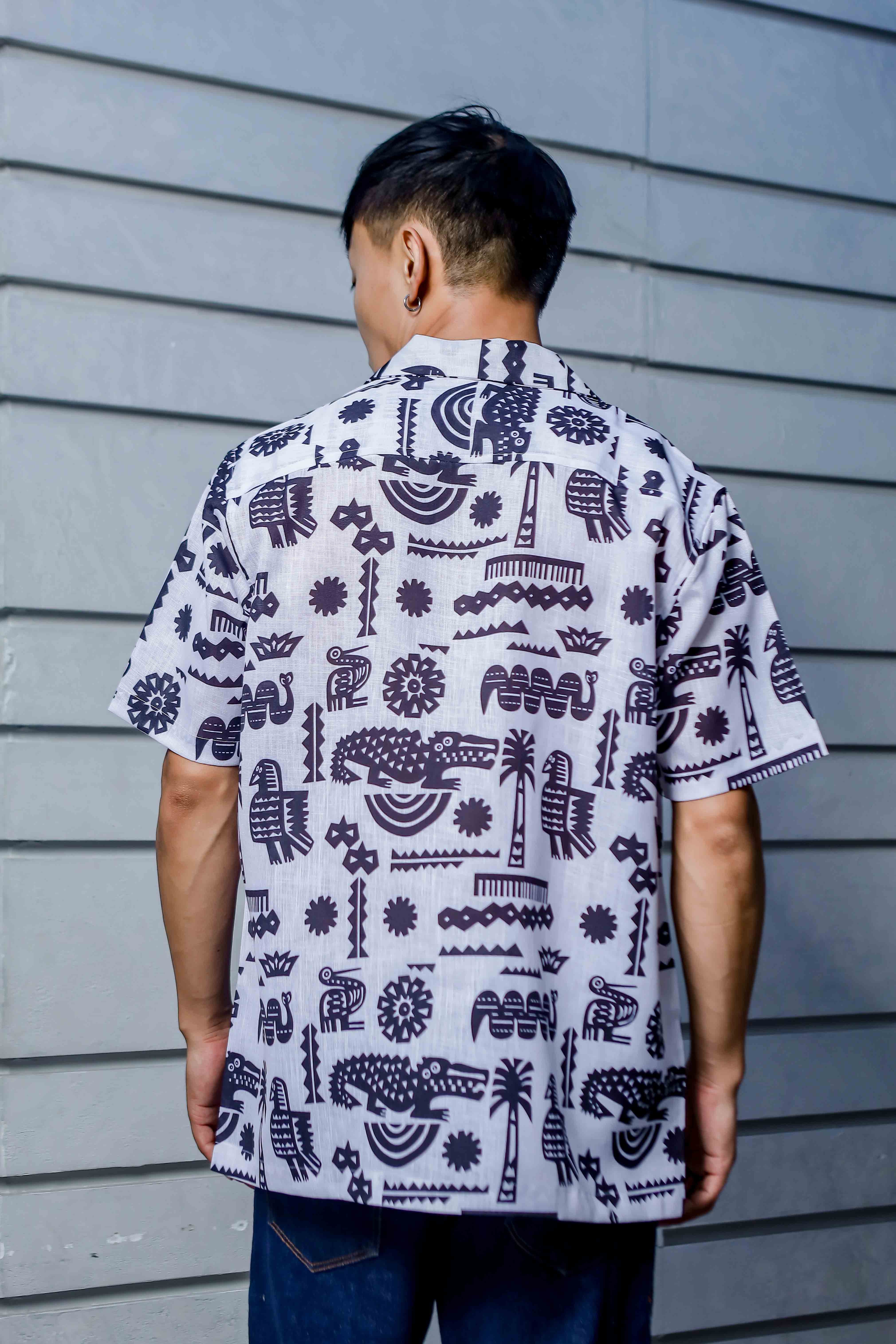 White Linen Blend Aztec Print Cuban Collar Oversized Resort Shirt