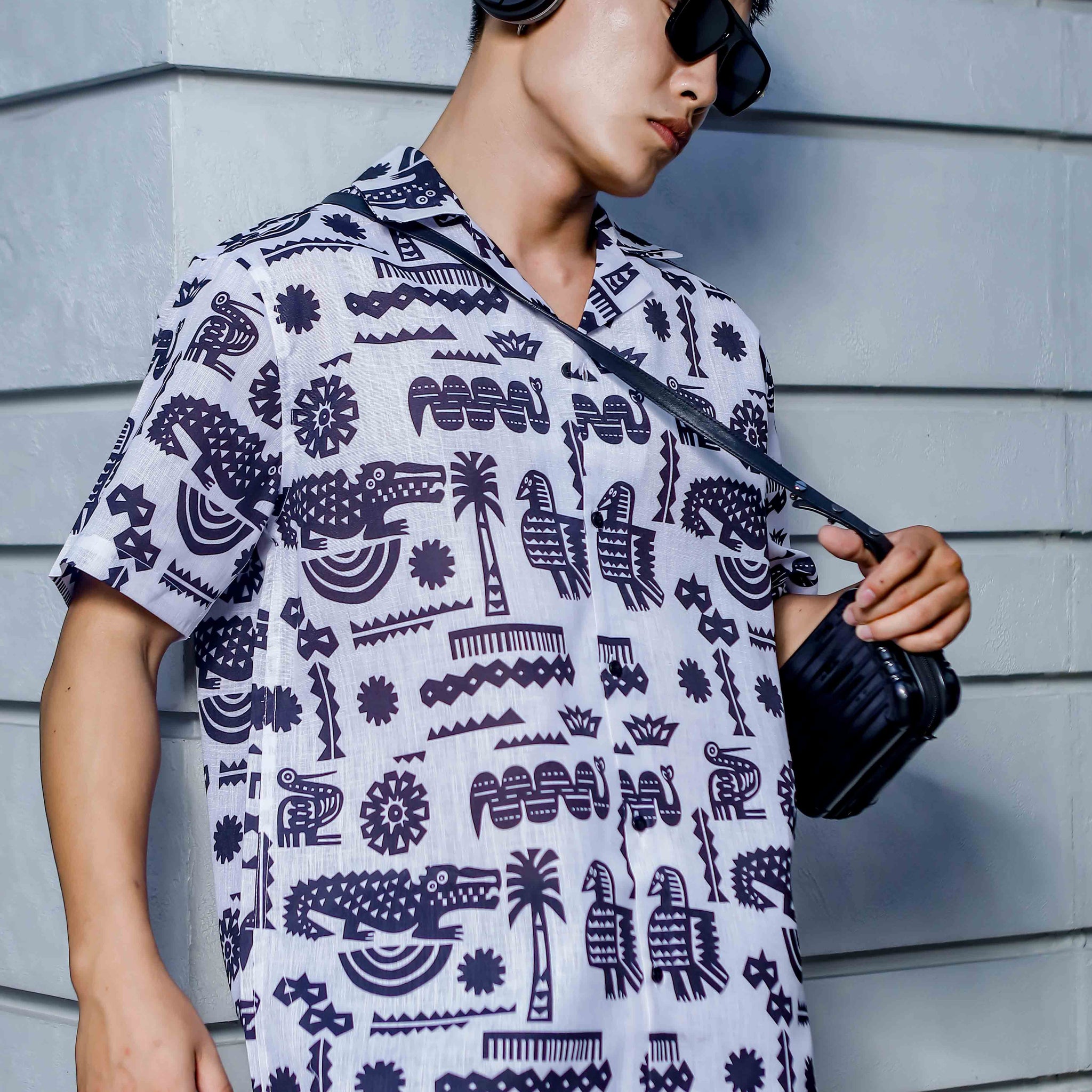 White Linen Blend Aztec Print Cuban Collar Oversized Resort Shirt