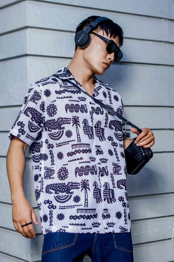 White Linen Blend Aztec Print Cuban Collar Oversized Resort Shirt