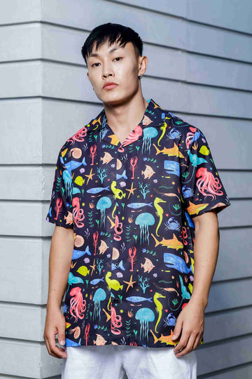 Unisex Black Abstract Printed Cuban Collar Classic Relaxed Fit Resort Shirt