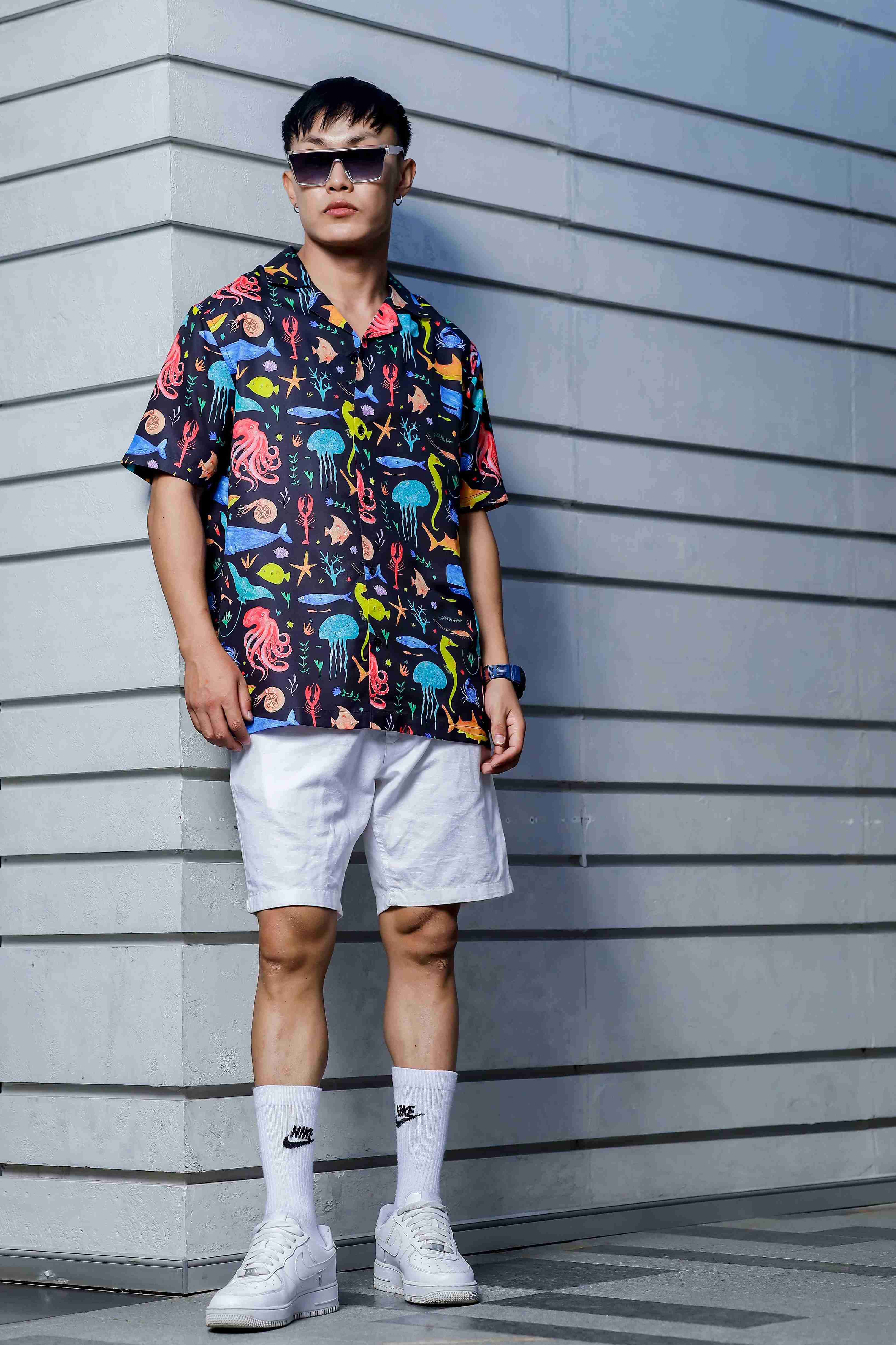 Unisex Black Abstract Printed Cuban Collar Classic Relaxed Fit Resort Shirt