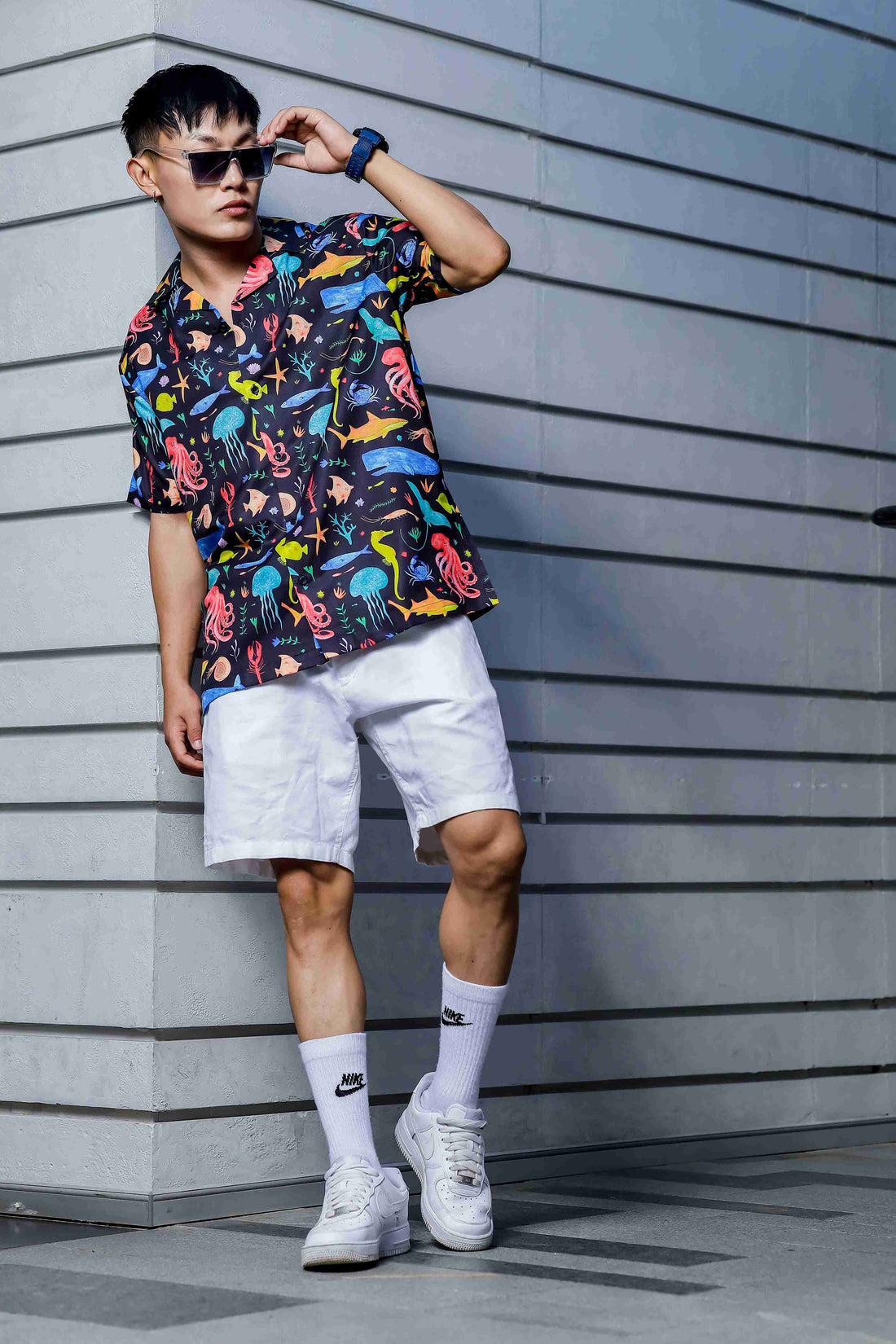 Unisex Black Abstract Printed Cuban Collar Classic Relaxed Fit Resort Shirt