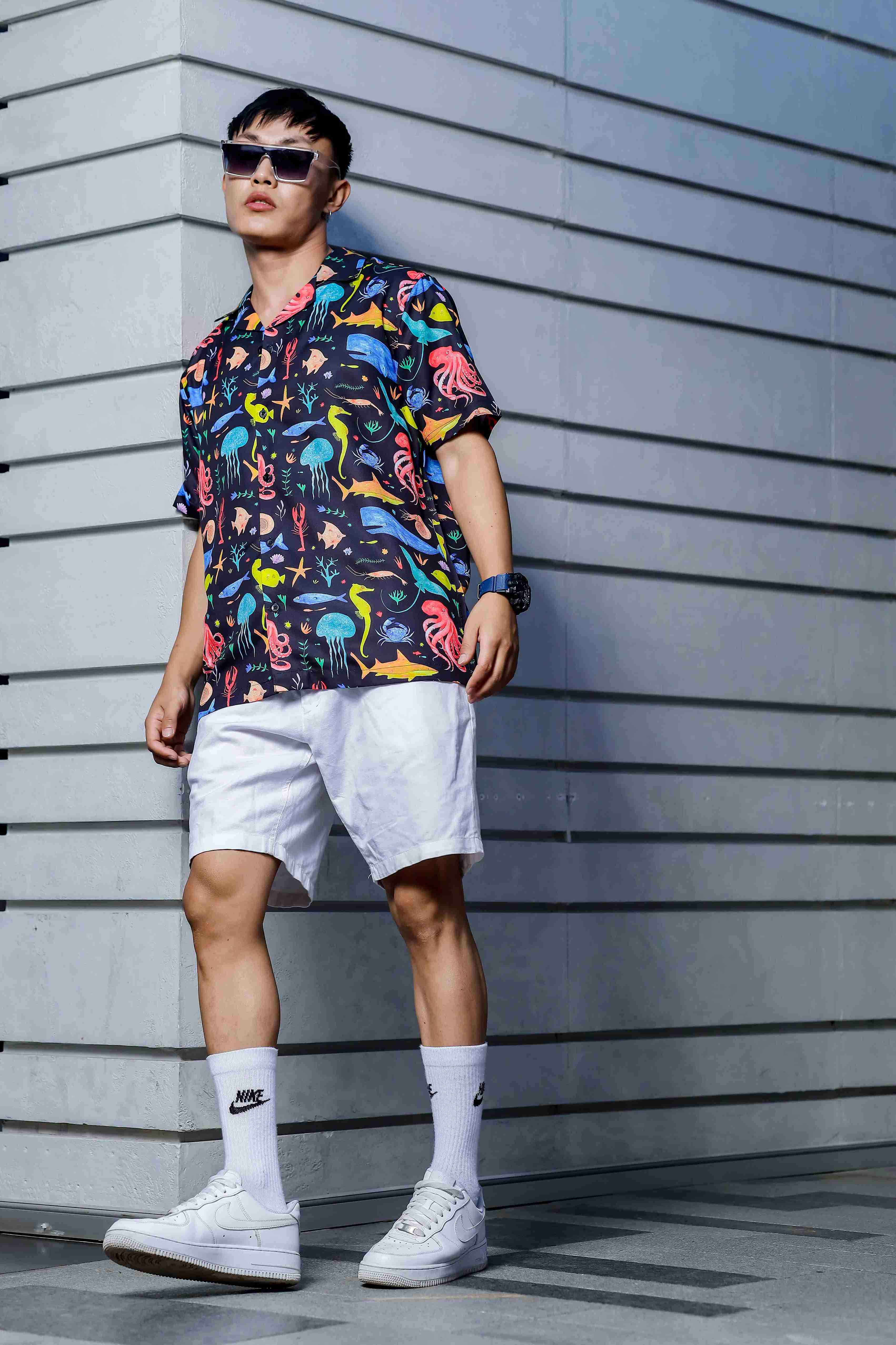 Unisex Black Abstract Printed Cuban Collar Classic Relaxed Fit Resort Shirt