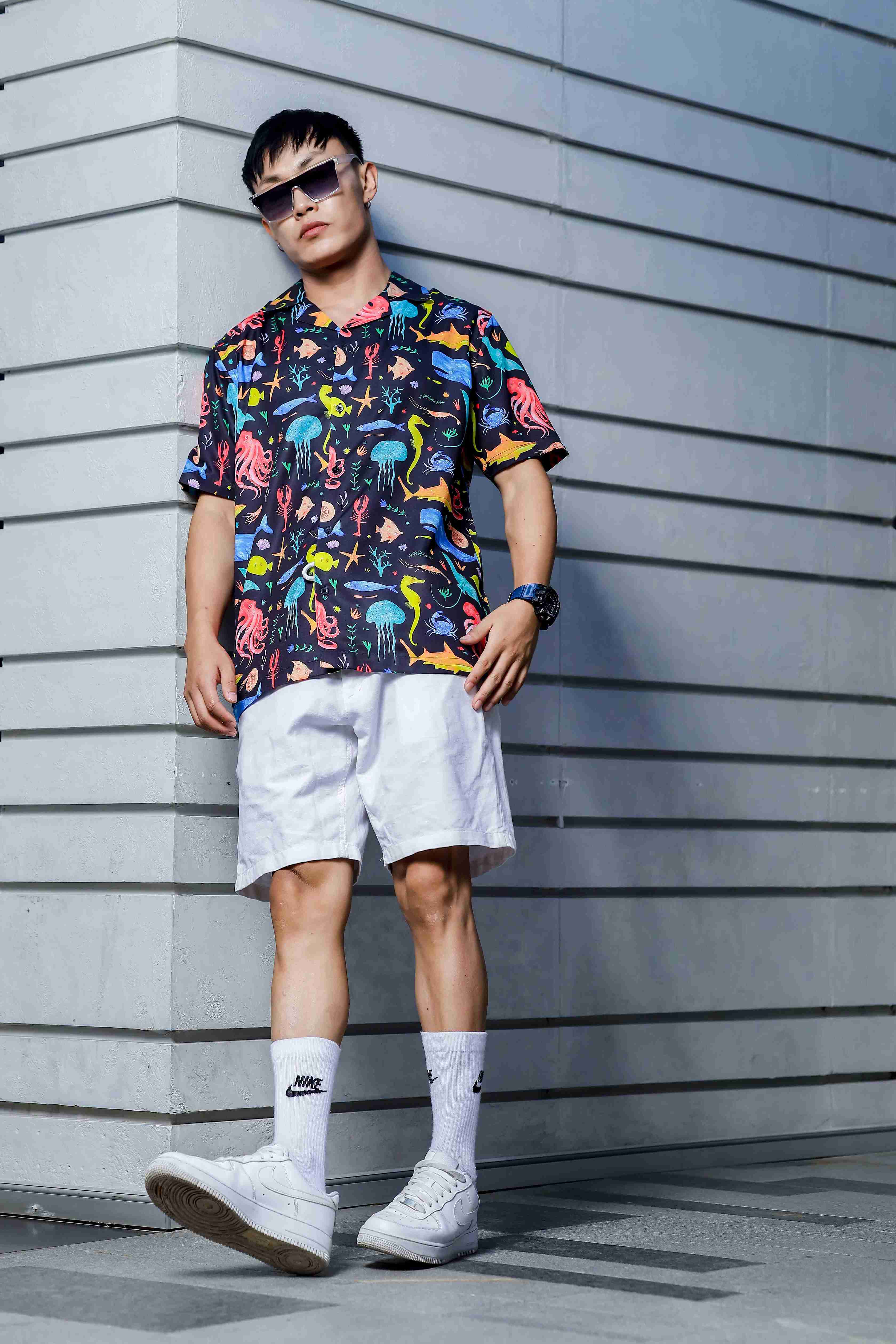 Unisex Black Abstract Printed Cuban Collar Classic Relaxed Fit Resort Shirt
