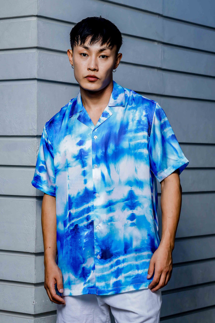 Blue Tie & Dye Cuban Collar Classic Relaxed Fit Resort Satin Shirt