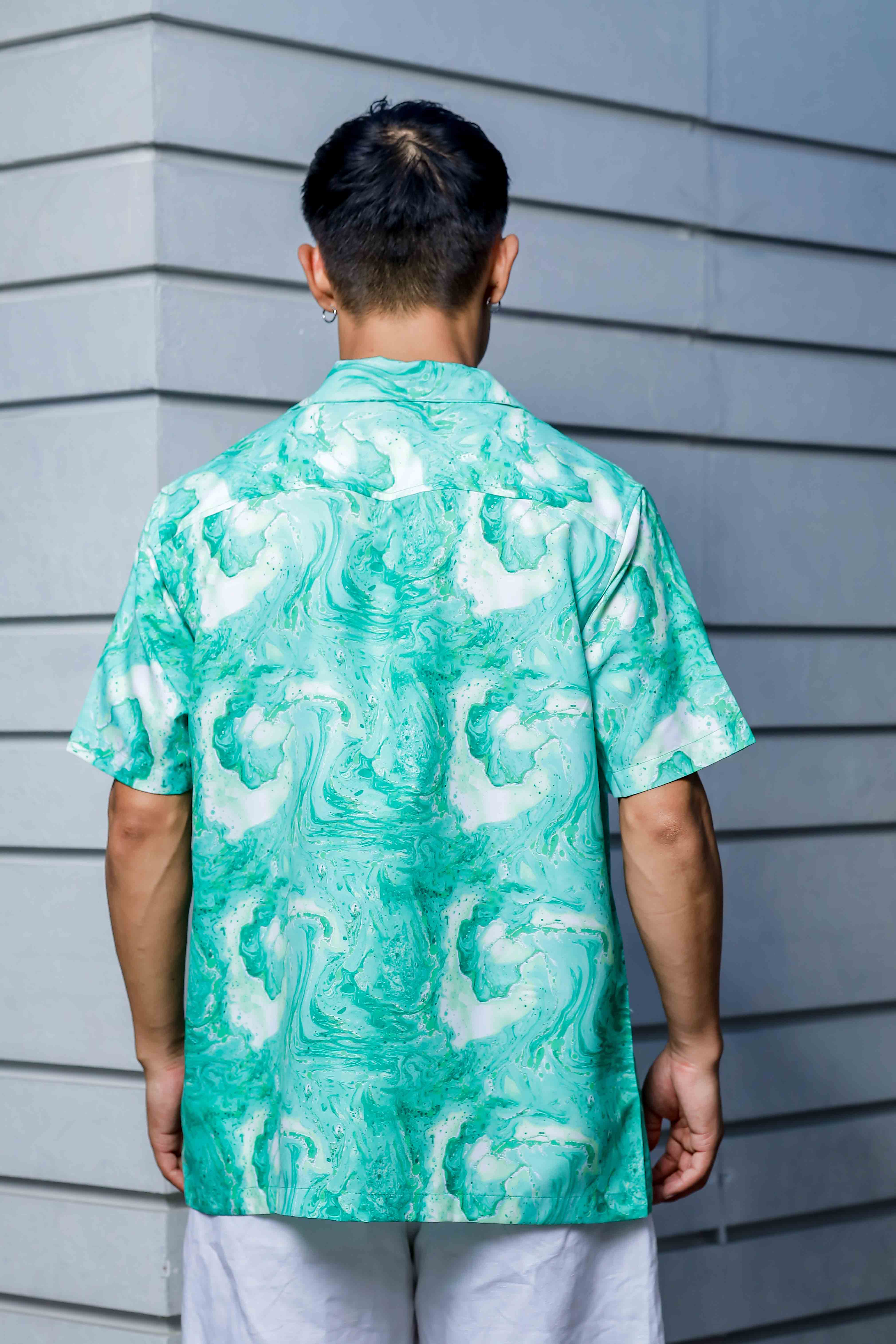 Green Aqua Print Relaxed Fit Cuban Collar Casual Shirt