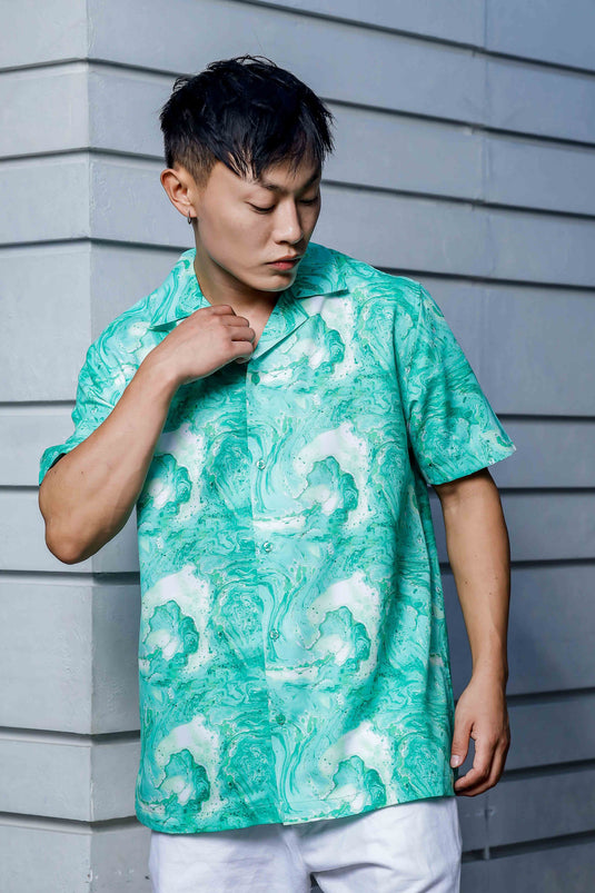 Abstract Green Aqua Print Cuban Collar Oversized Resort Shirt