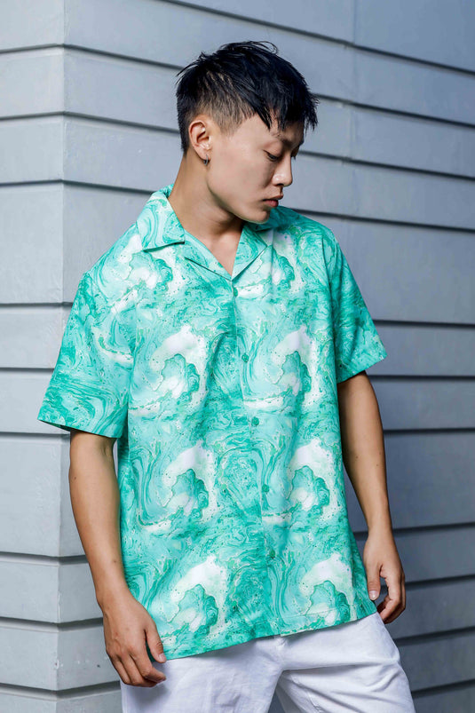 Abstract Green Aqua Print Cuban Collar Oversized Resort Shirt