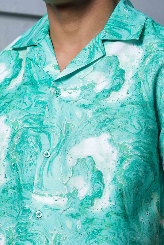 Abstract Green Aqua Print Cuban Collar Oversized Resort Shirt