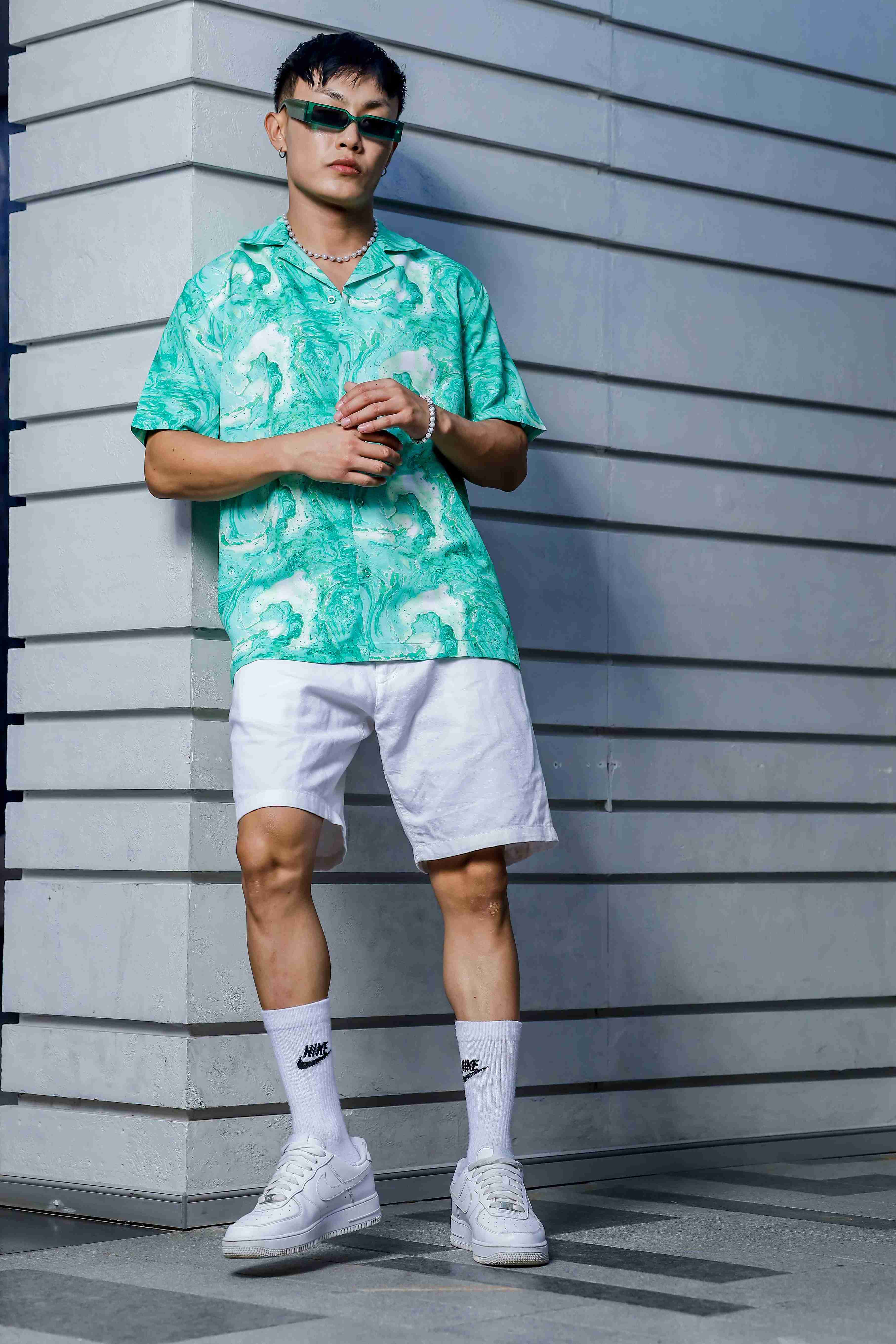 Green Aqua Print Relaxed Fit Cuban Collar Casual Shirt