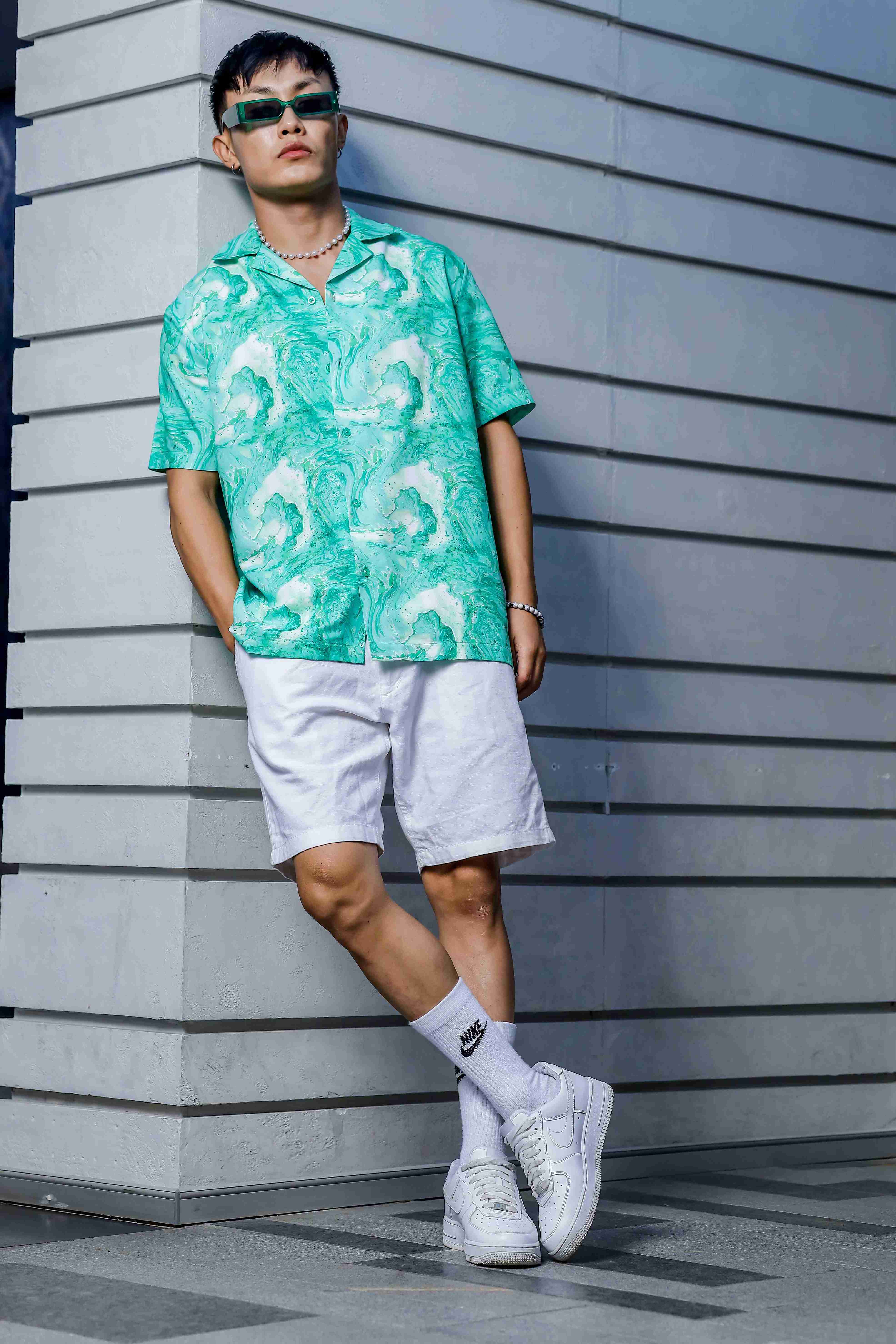 Green Aqua Print Relaxed Fit Cuban Collar Casual Shirt