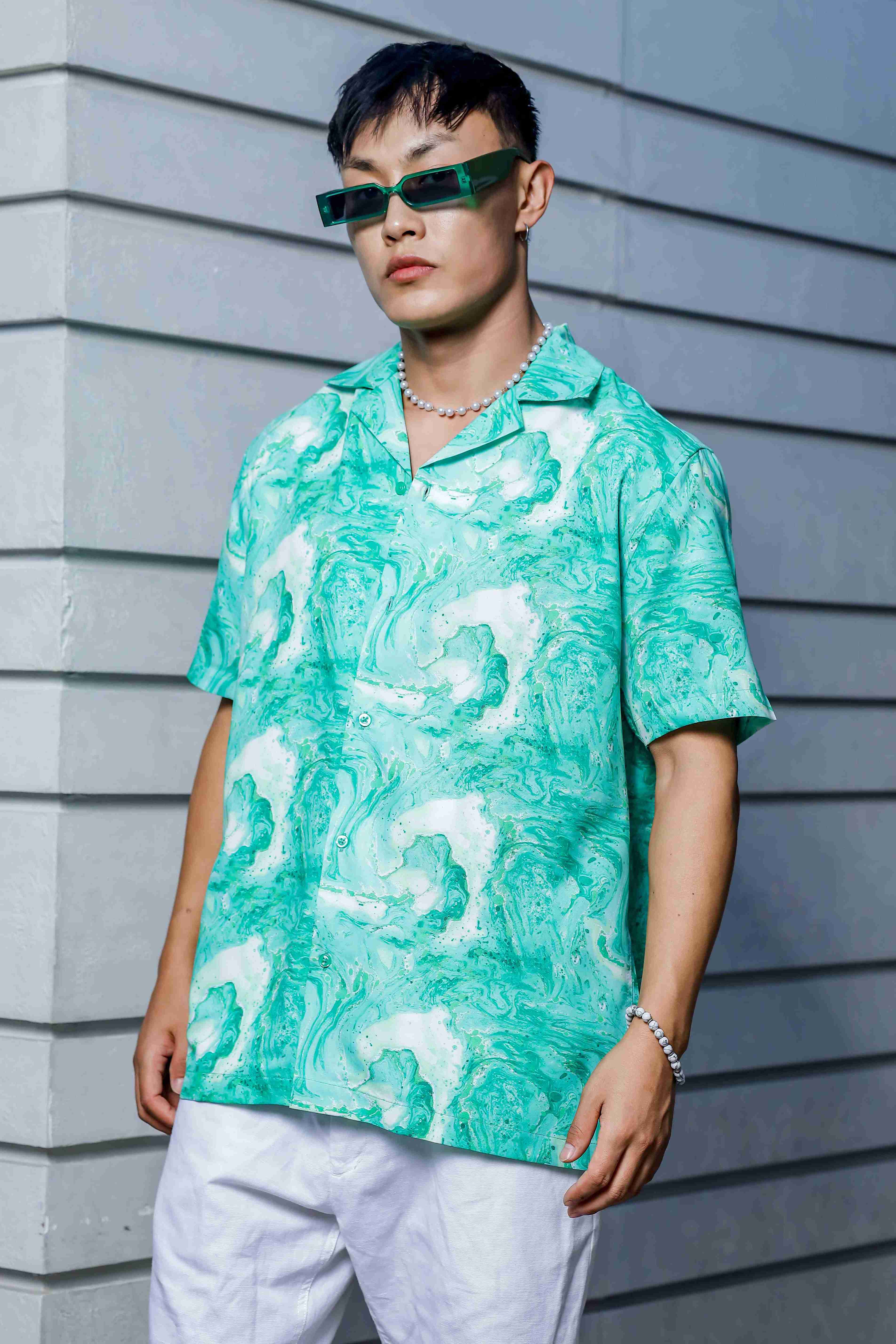 Green Aqua Print Relaxed Fit Cuban Collar Casual Shirt