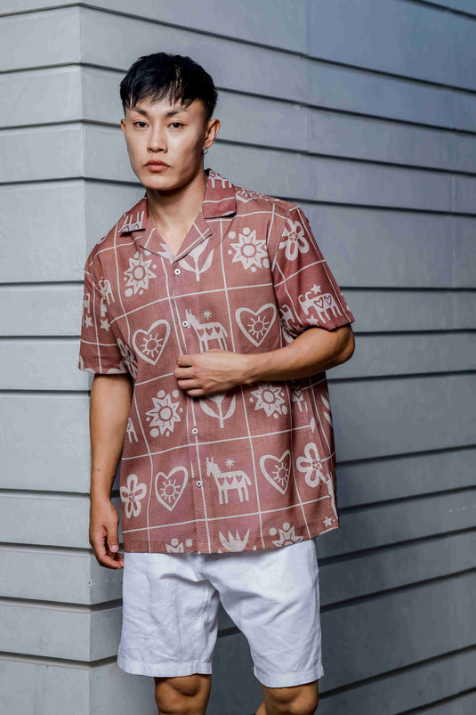 Abstract Tile Print Cuban Collar Oversized Resort Shirt