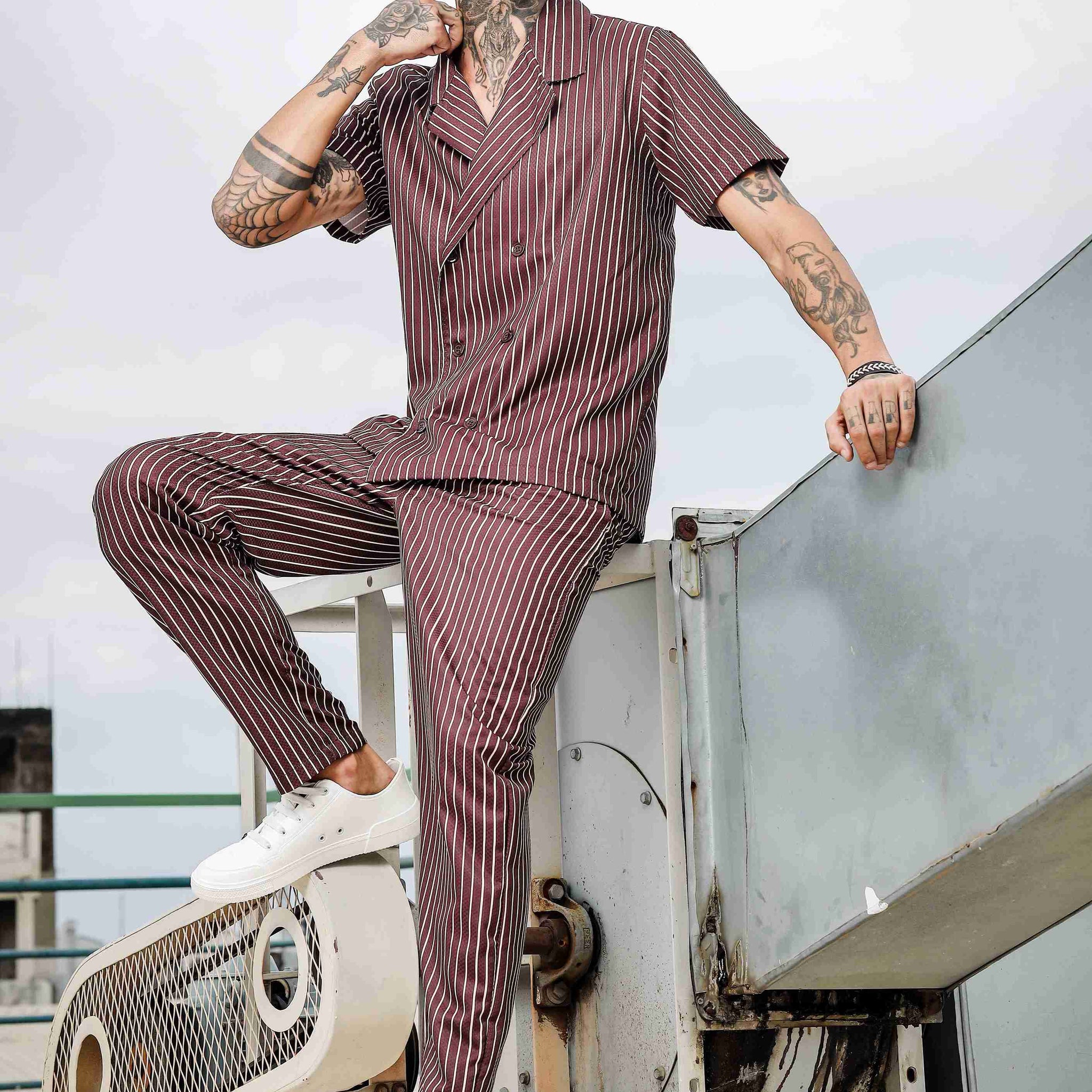 Brown Pinstripe Jacquard Textured Korean Streetwear Co-ord Set