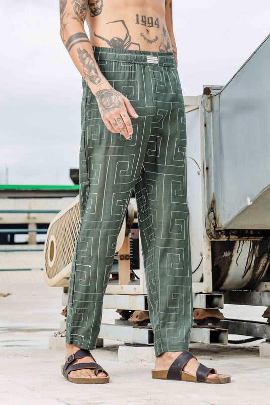 Olive Linen Blend Embroidered Relaxed Fit All Day Pants