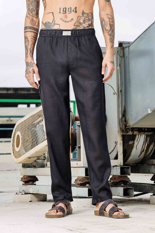 Linen Embroidered Black All Day Pants