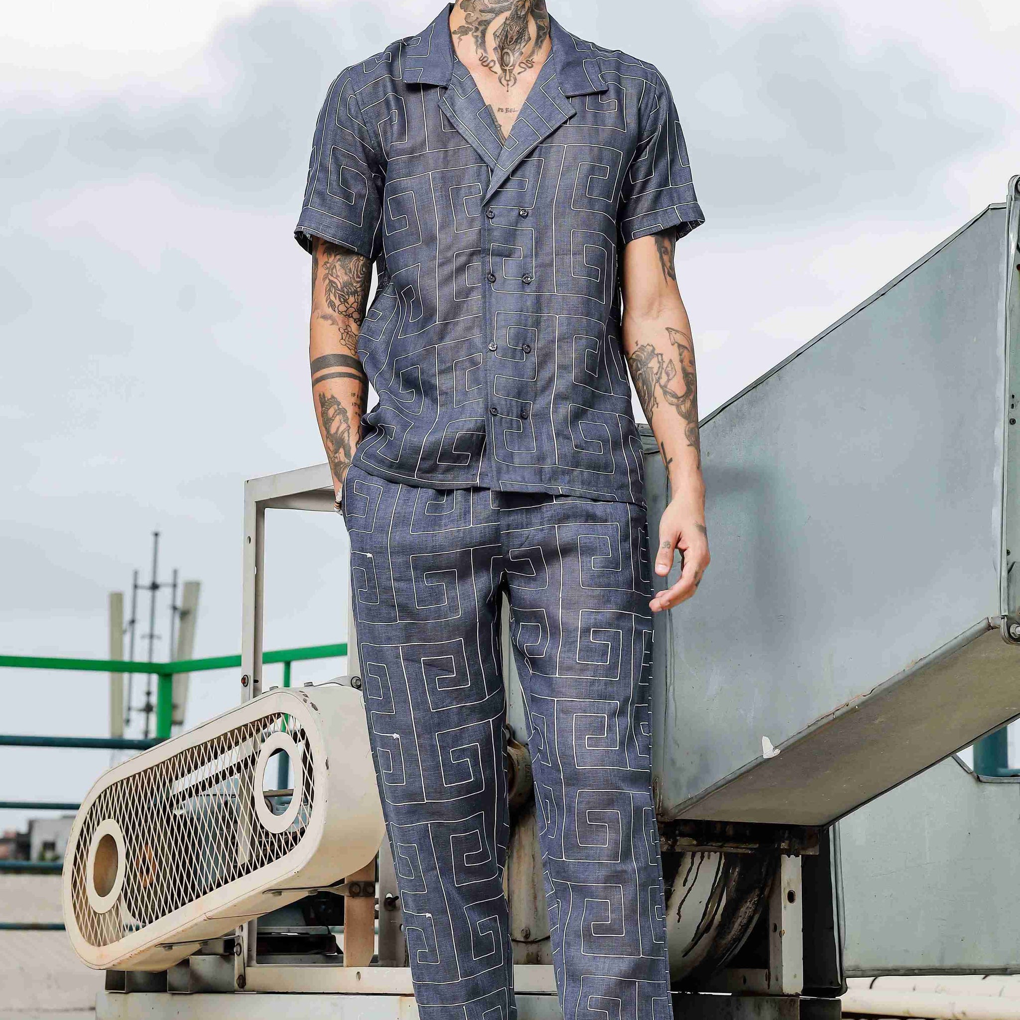 Blue Linen Embroidered Notched Lapel Korean Shirt & All Day Lounge Pants Co-ord Set