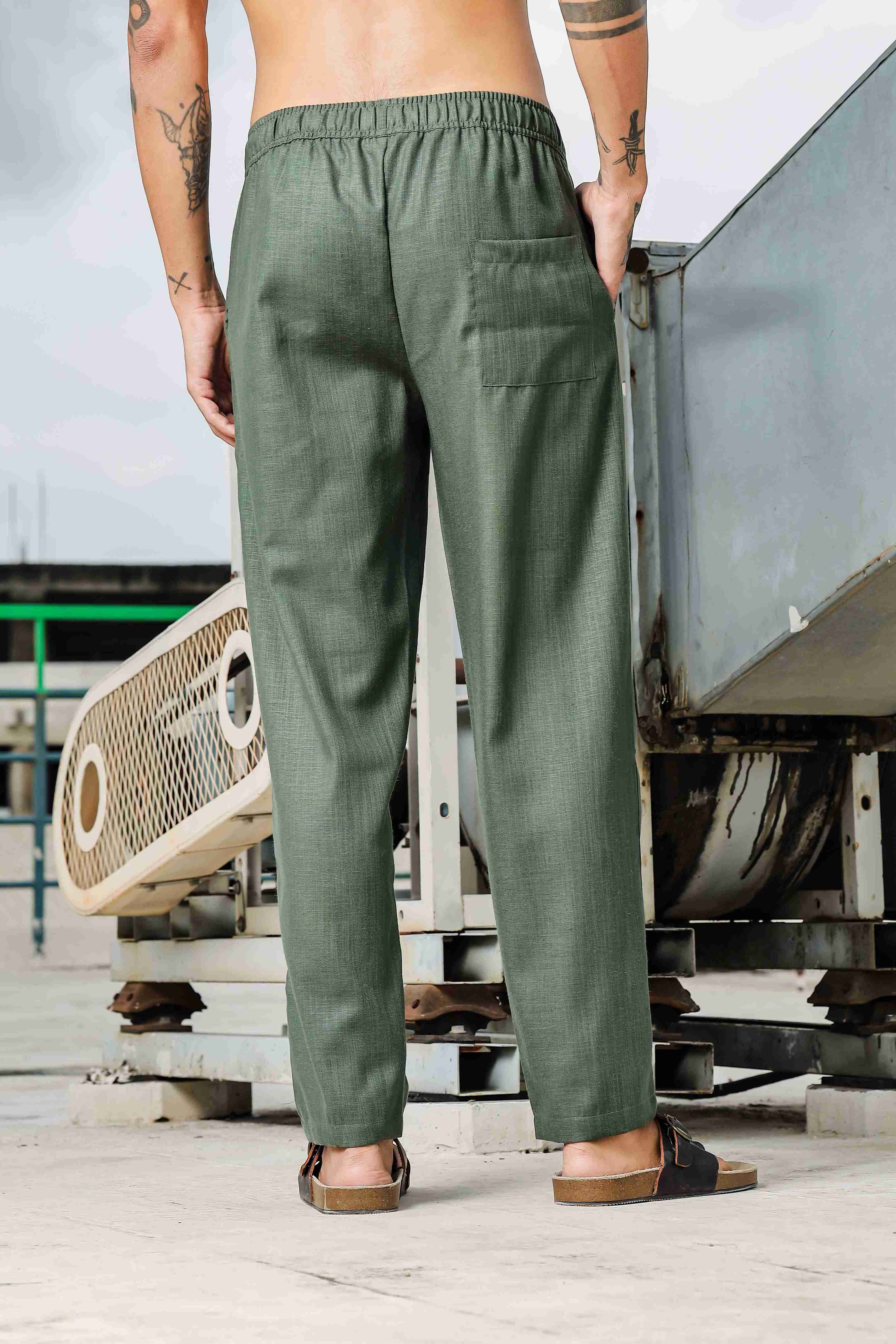 Olive Linen Blend Solid Relaxed Fit All Day Pants