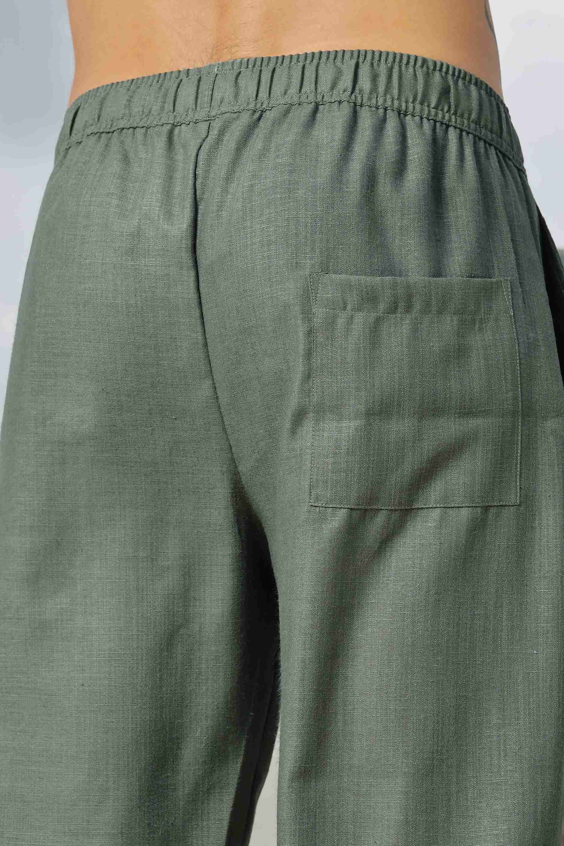 Olive Linen Blend Solid Relaxed Fit All Day Pants