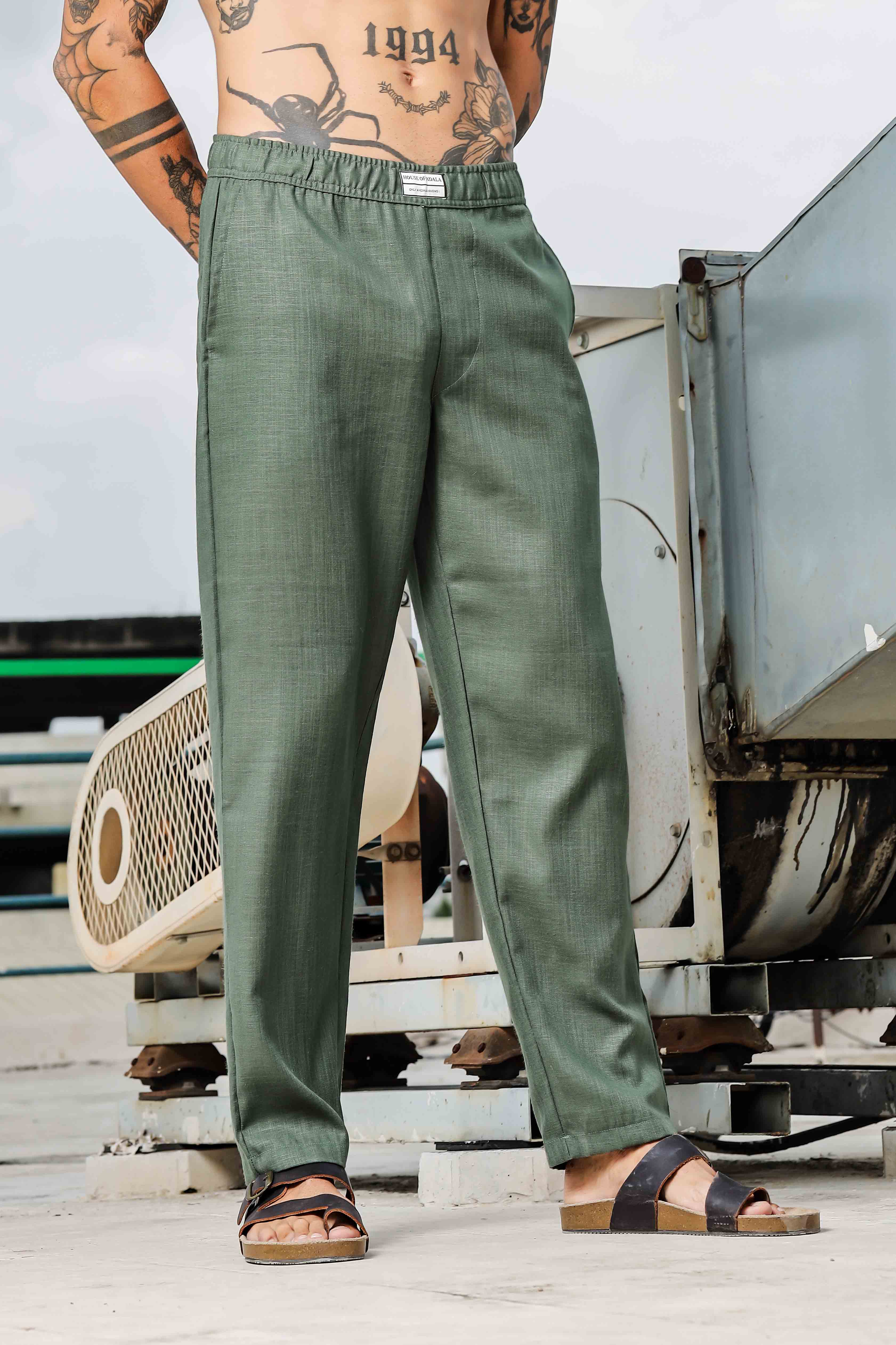 Olive Linen Blend Solid Relaxed Fit All Day Pants