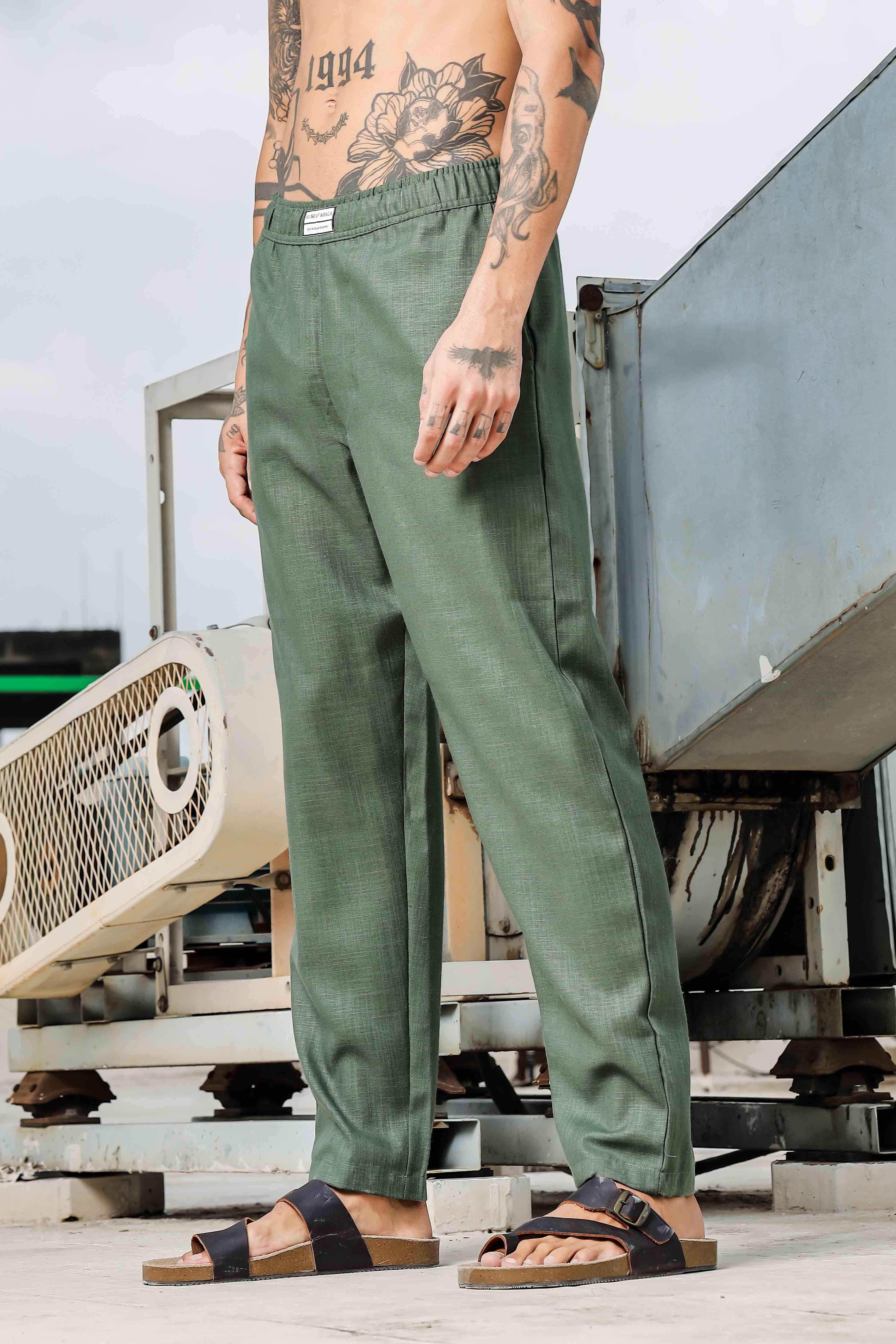 Olive Linen Blend Solid Relaxed Fit All Day Pants