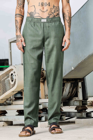 Olive Linen Blend Solid Relaxed Fit All Day Pants