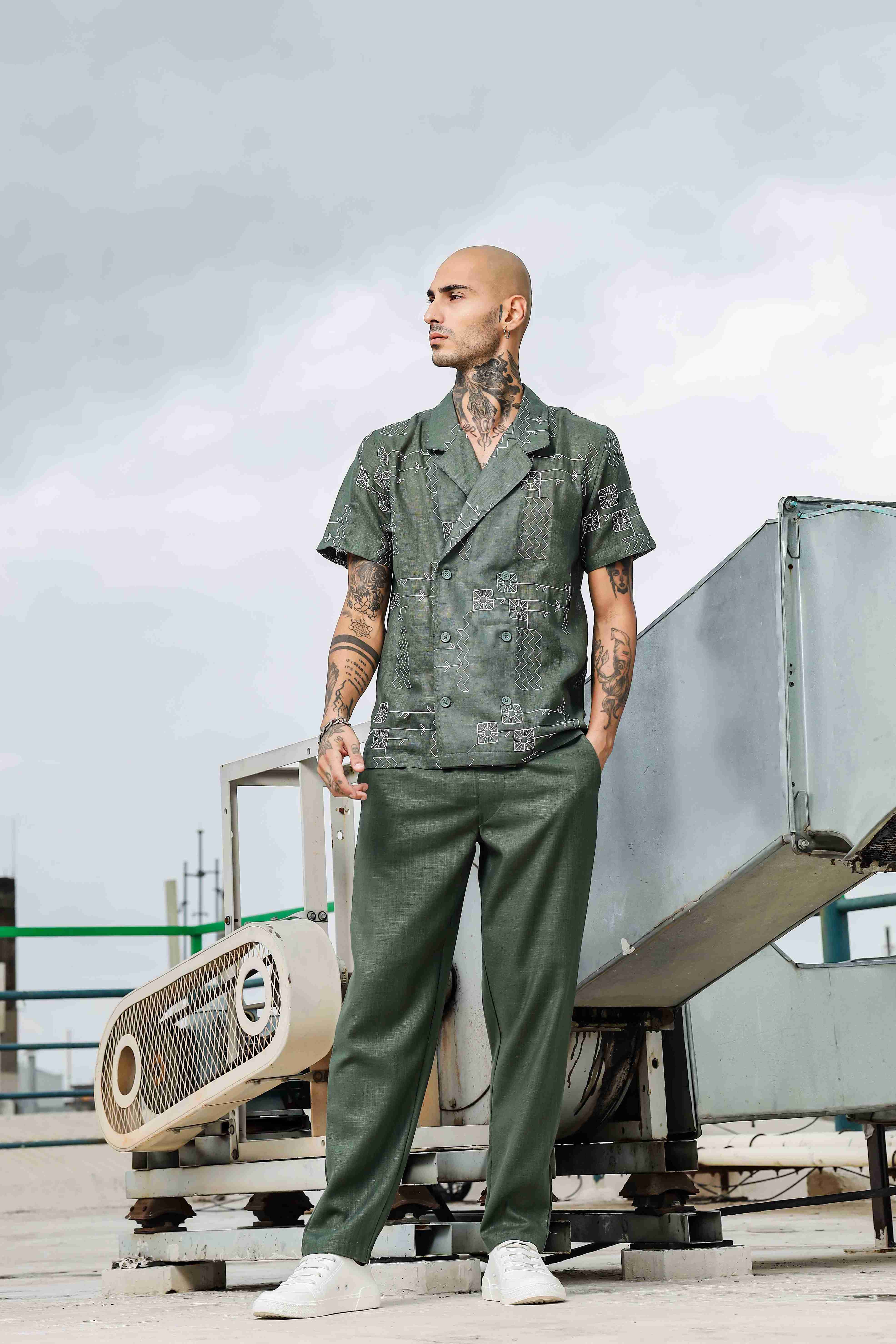 Olive Linen Blend Solid Relaxed Fit All Day Pants